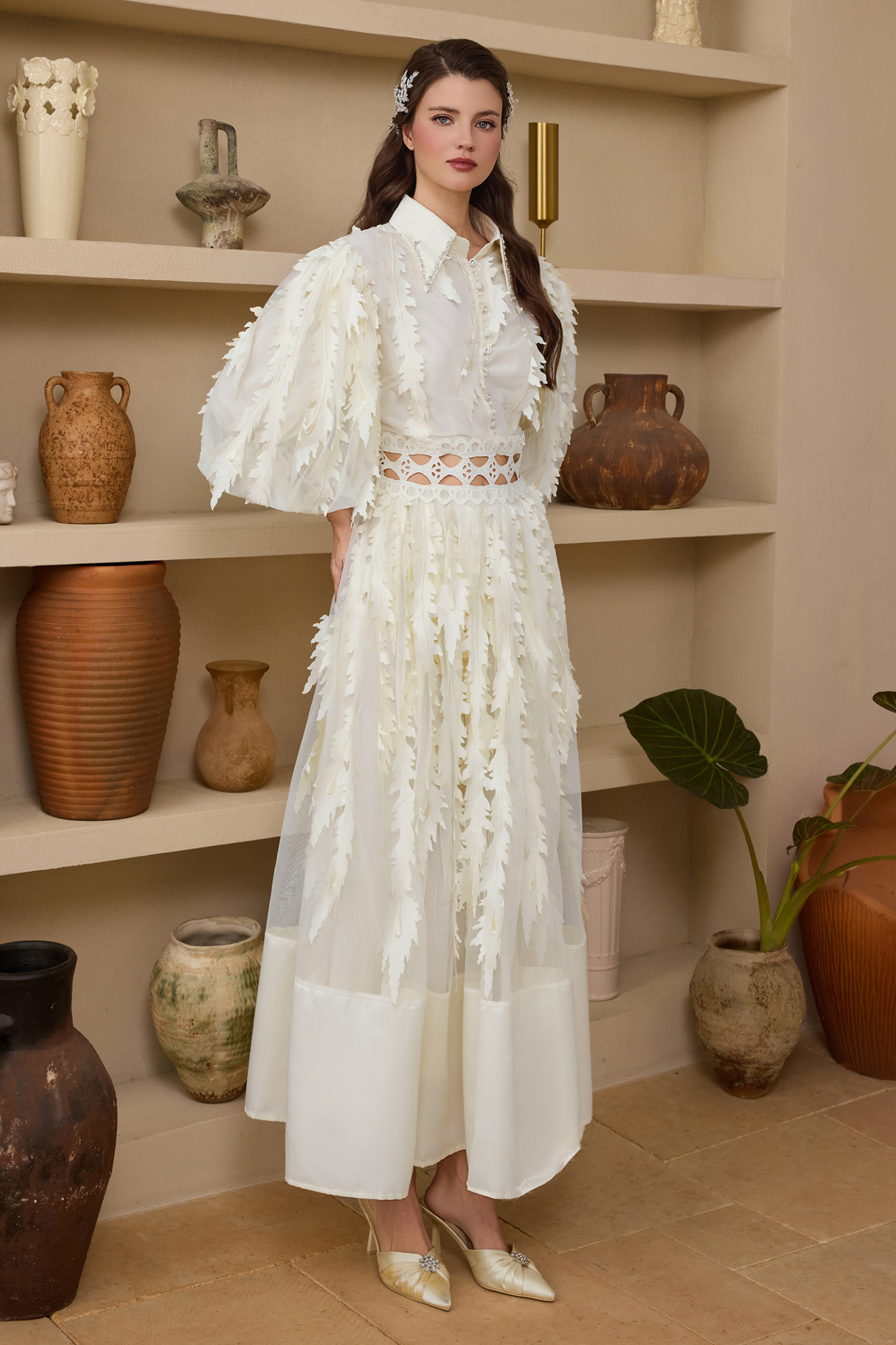 Mesh Embroidered Rhinestone Rivets Maxi Dress