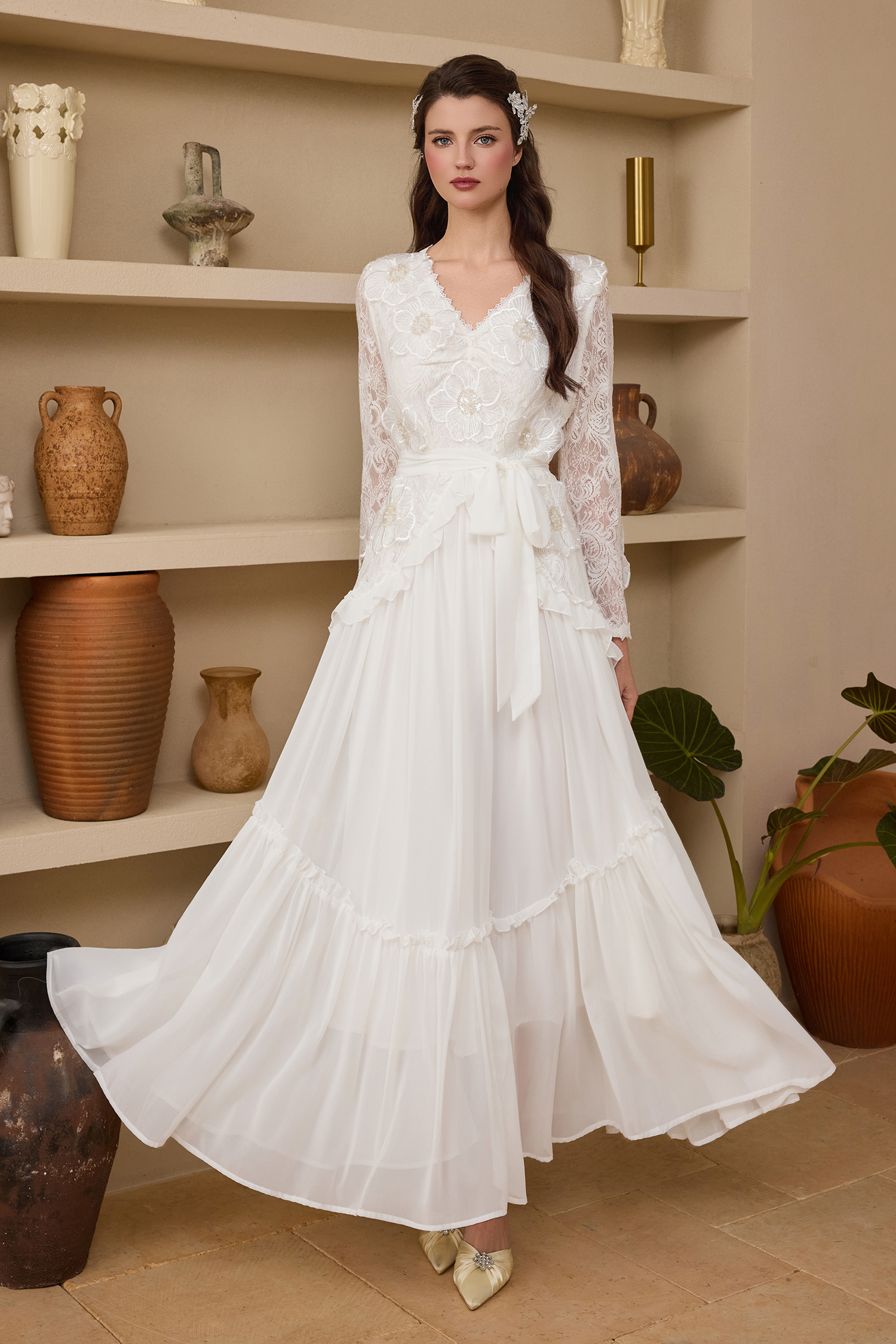 Chiffon Nail Bead Embroidery Lace Maxi Dress