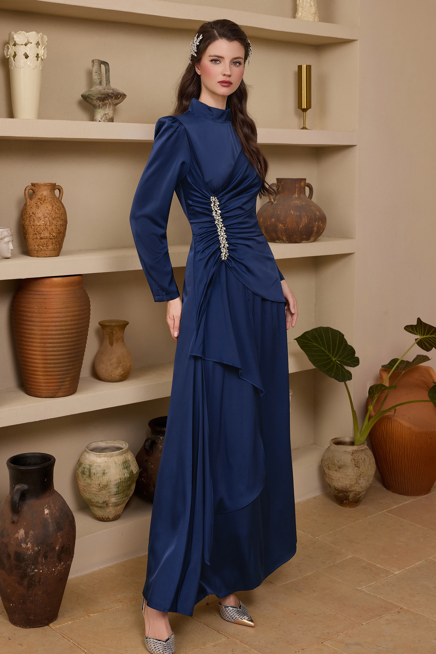 Satin Rhinestone Stand Collar Maxi Dress