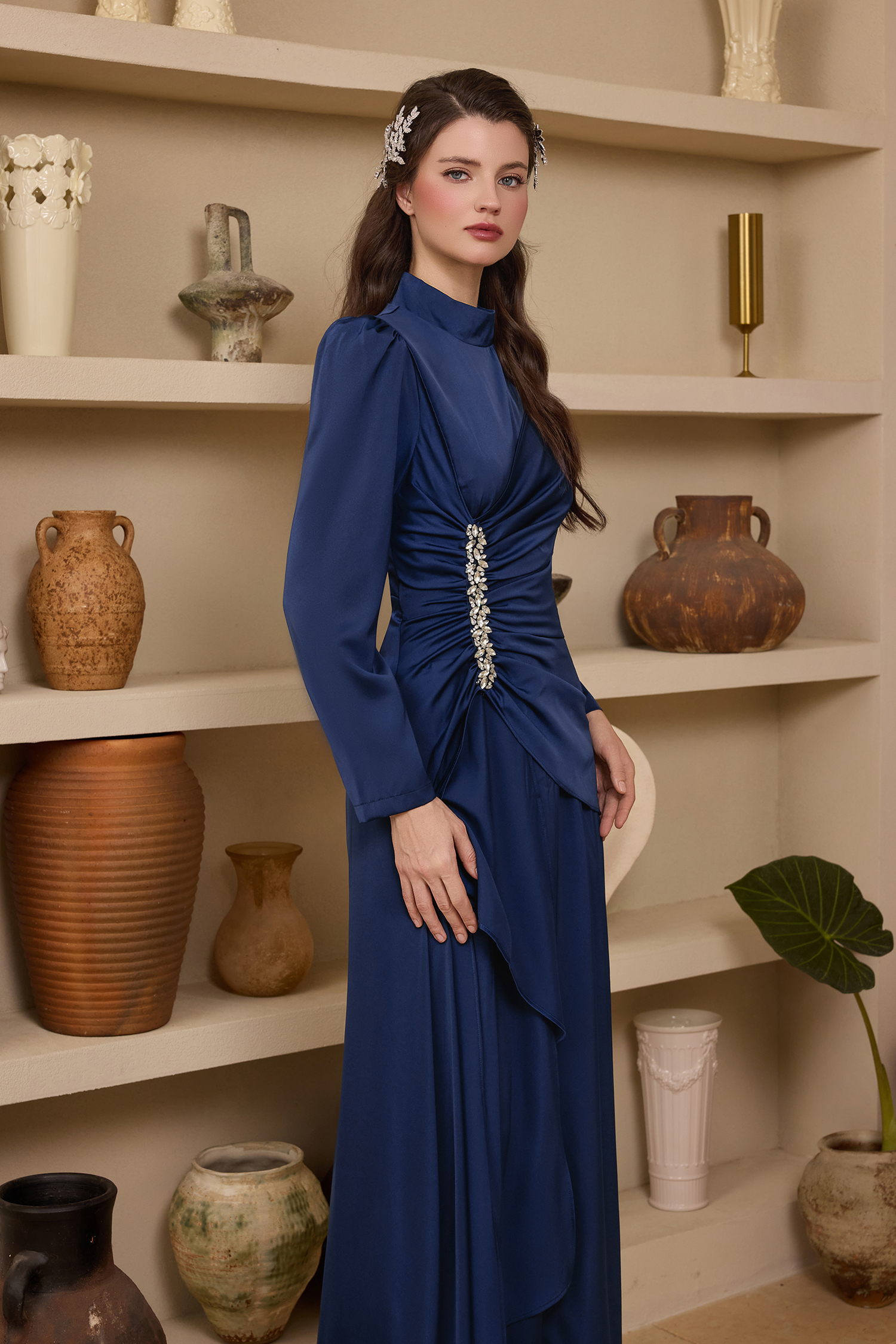 Satin Rhinestone Stand Collar Maxi Dress