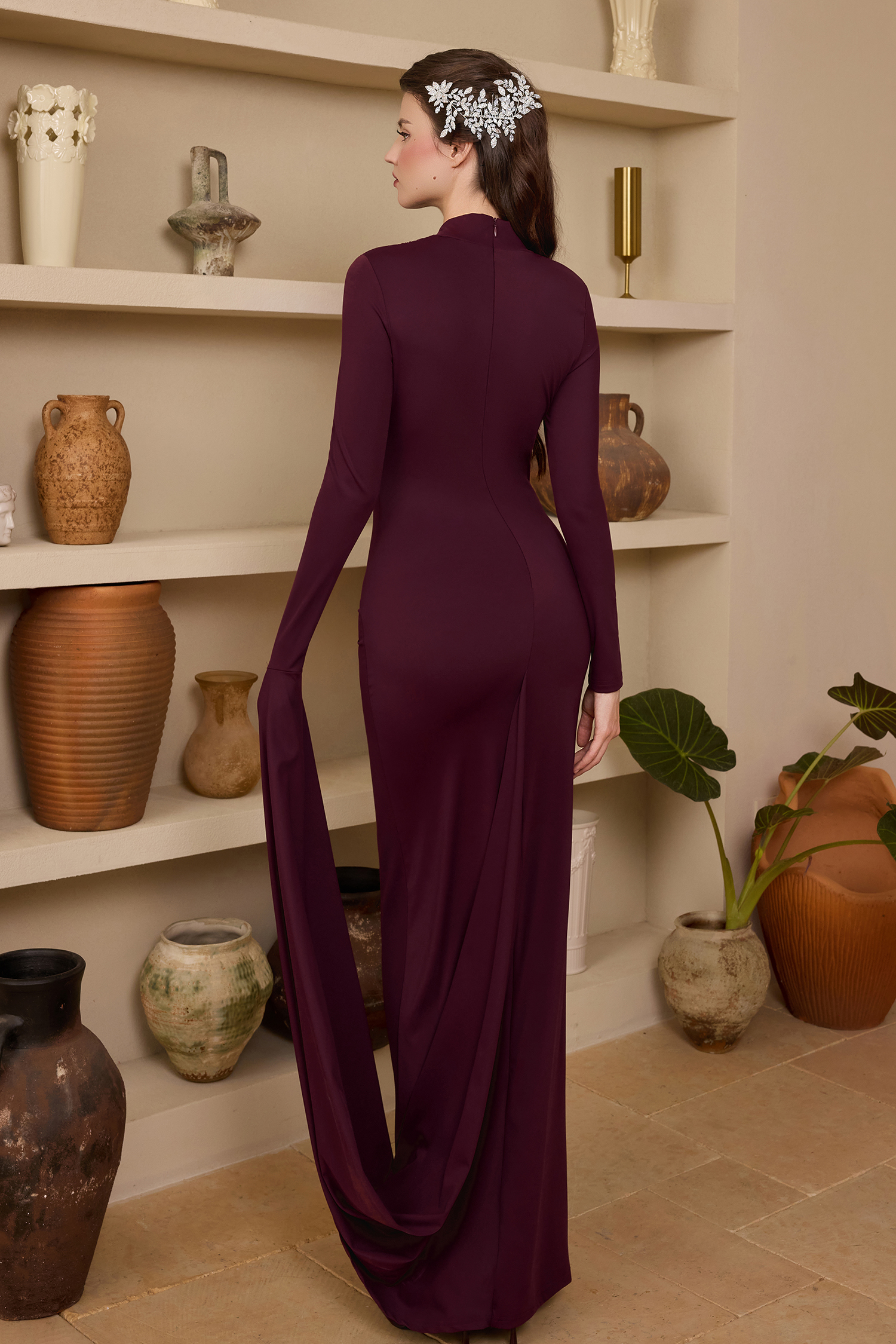 Jersey Solid Asymmetrical Sleeve Maxi Dress