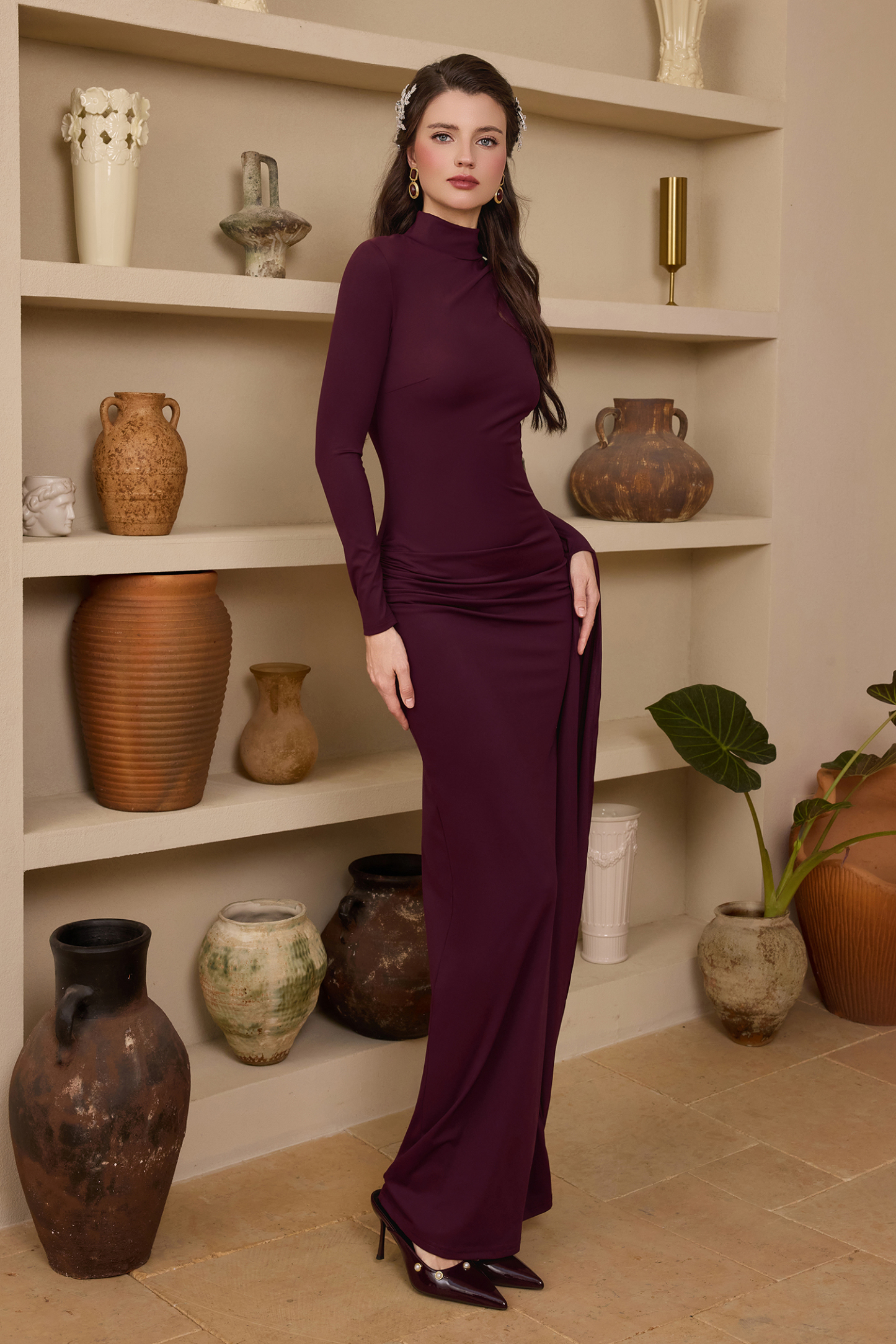 Jersey Solid Asymmetrical Sleeve Maxi Dress