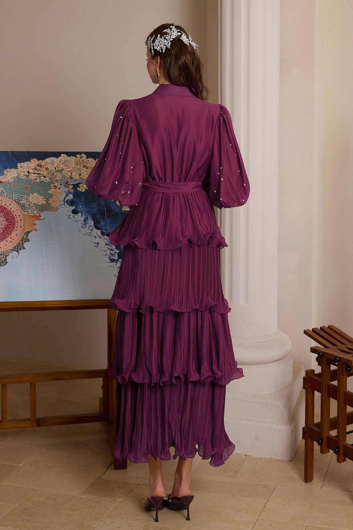 Chiffon Pleated Rhinestone Midi Dress With Belt