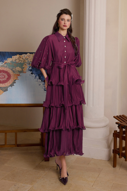 Chiffon Pleated Rhinestone Midi Dress With Belt