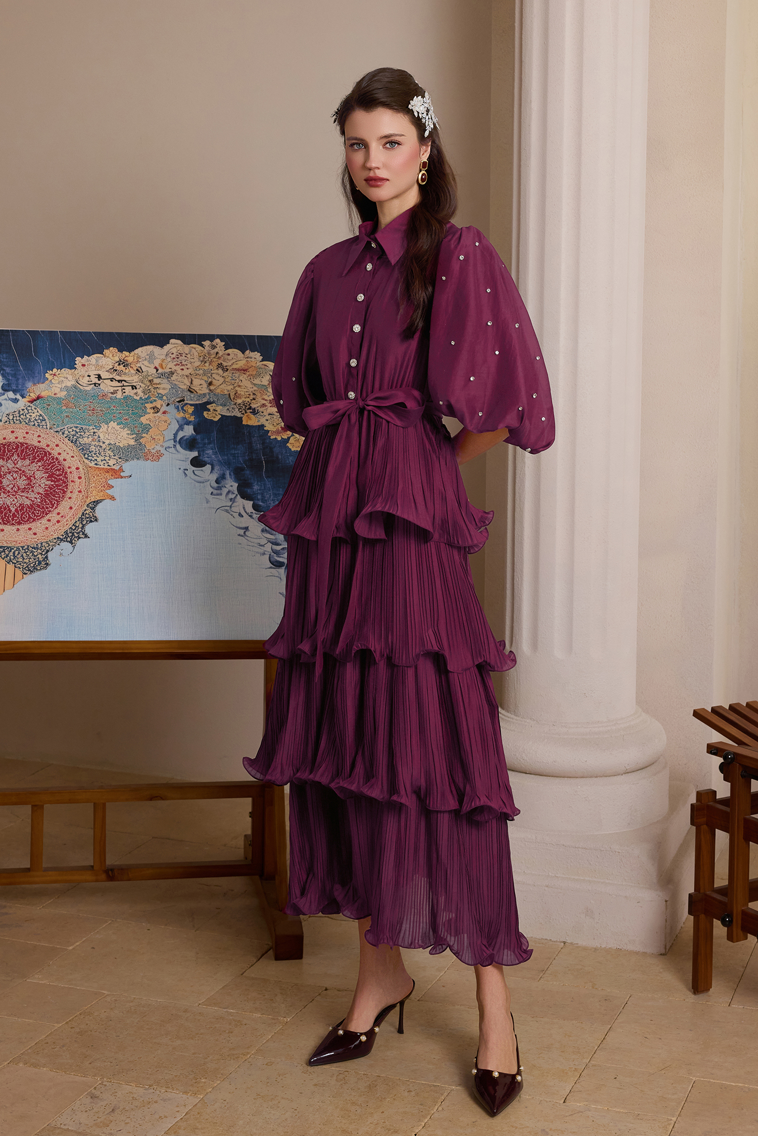 Chiffon Pleated Rhinestone Midi Dress With Belt