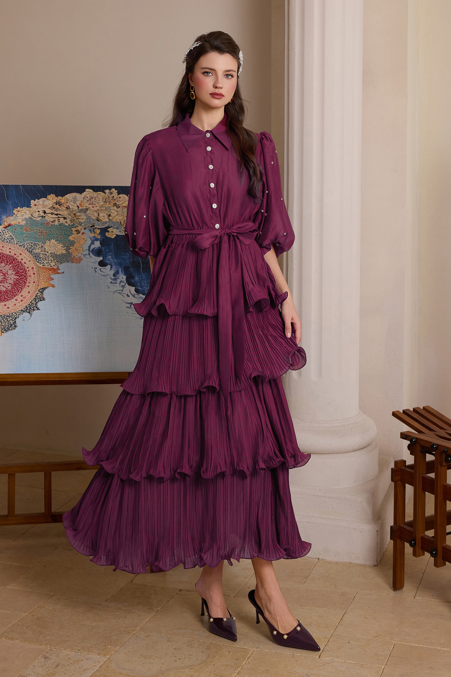 Chiffon Pleated Rhinestone Midi Dress With Belt