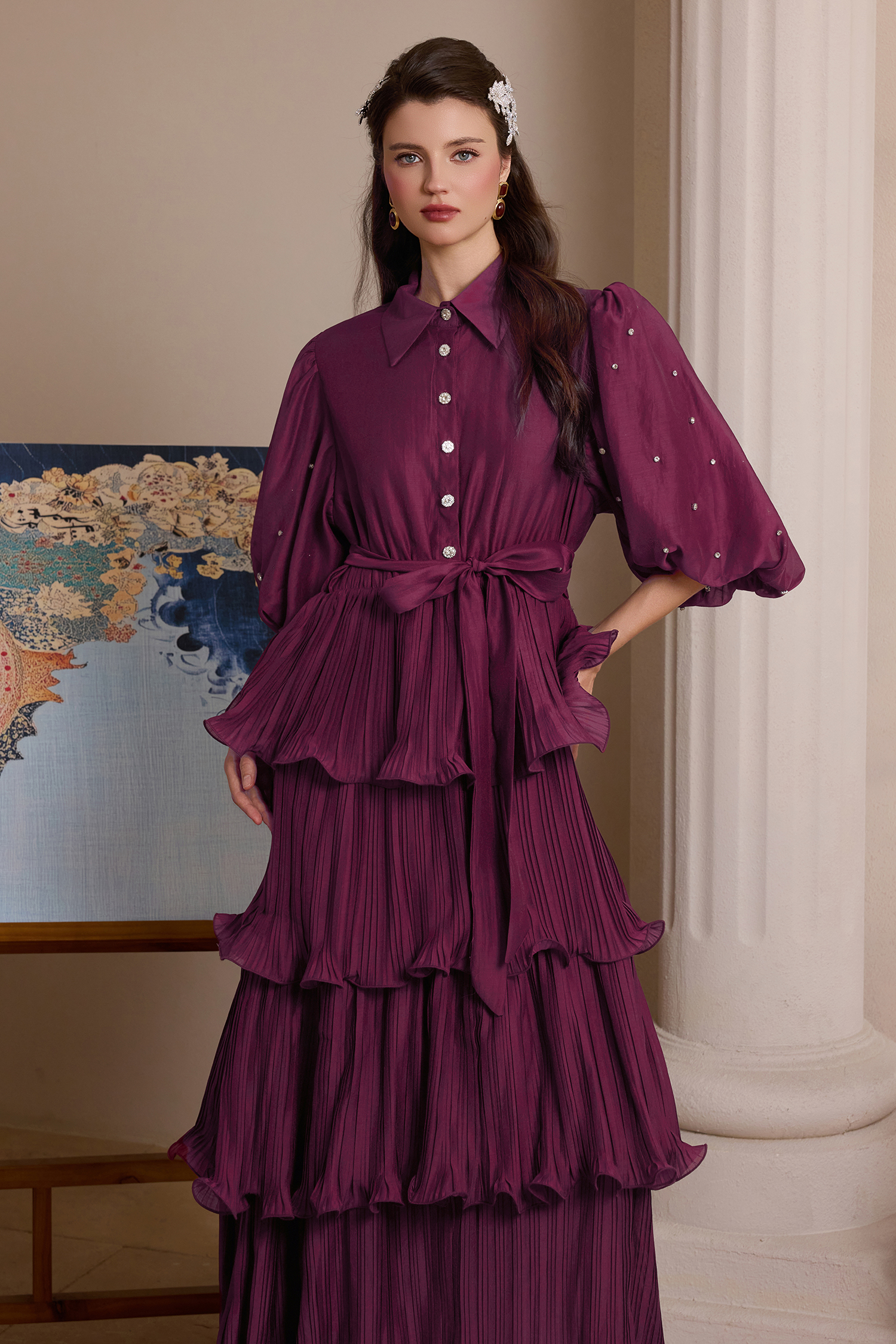 Chiffon Pleated Rhinestone Midi Dress With Belt