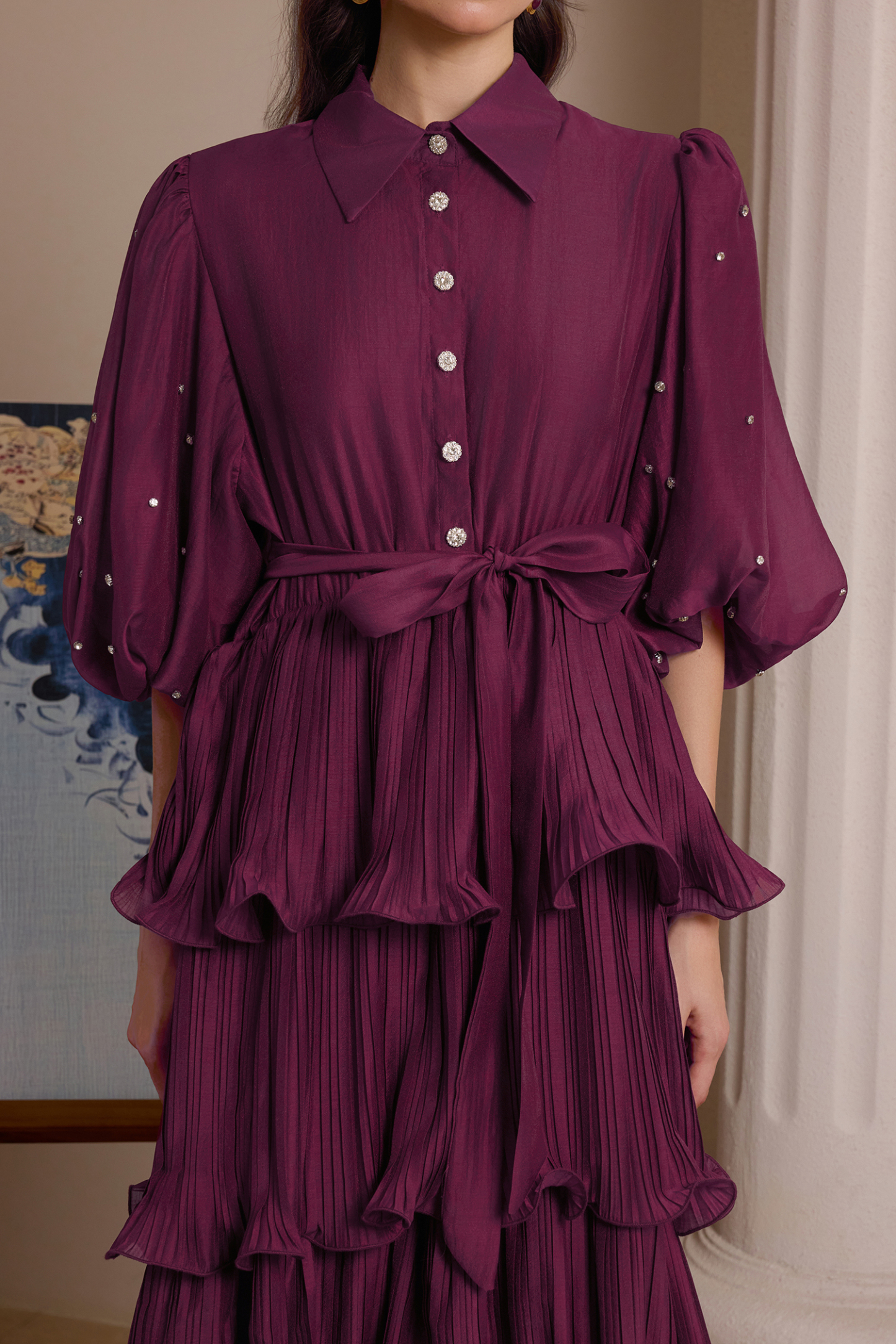 Chiffon Pleated Rhinestone Midi Dress With Belt