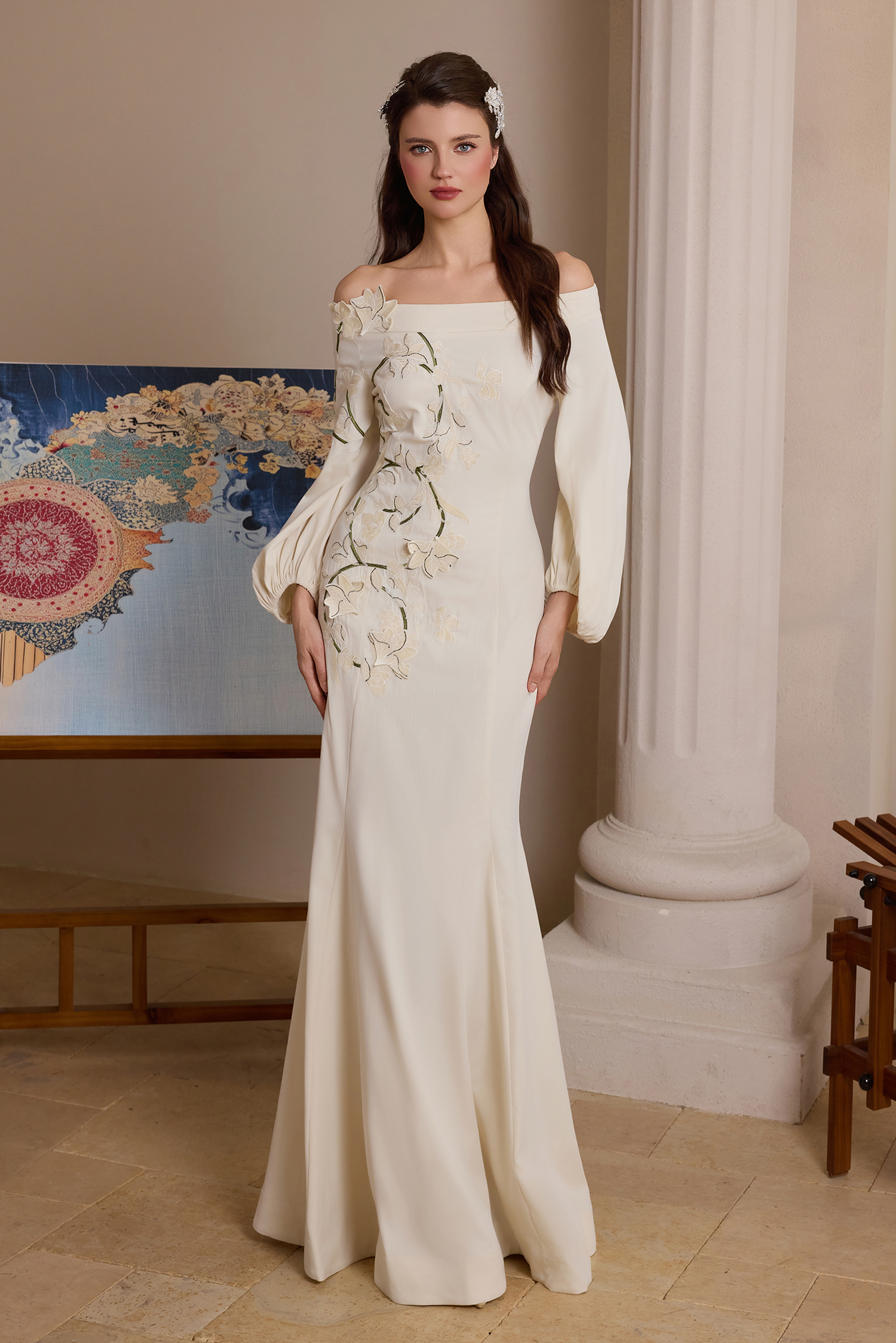 Floral Appliquéd Puff Sleeve Maxi Dress