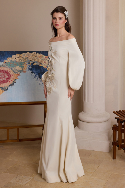 Floral Appliquéd Puff Sleeve Maxi Dress