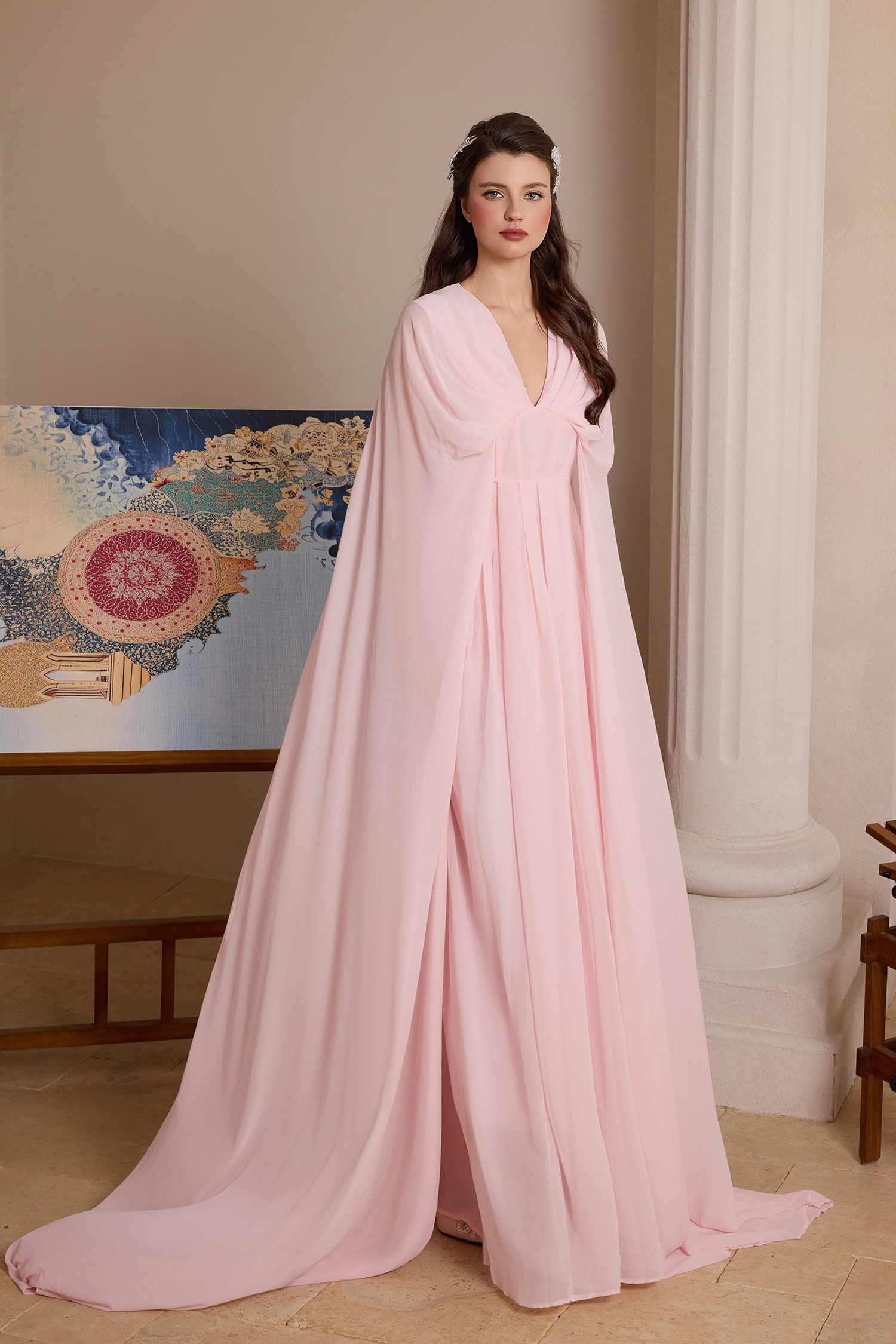 Chiffon Pleated V-Neck Cape Sleeve Maxi Dress