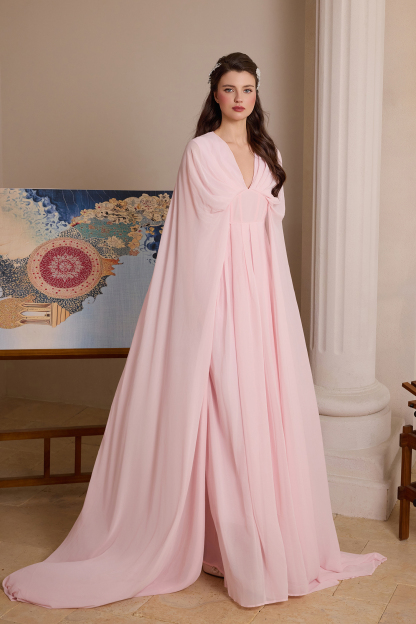 Chiffon Pleated V-Neck Cape Sleeve Maxi Dress