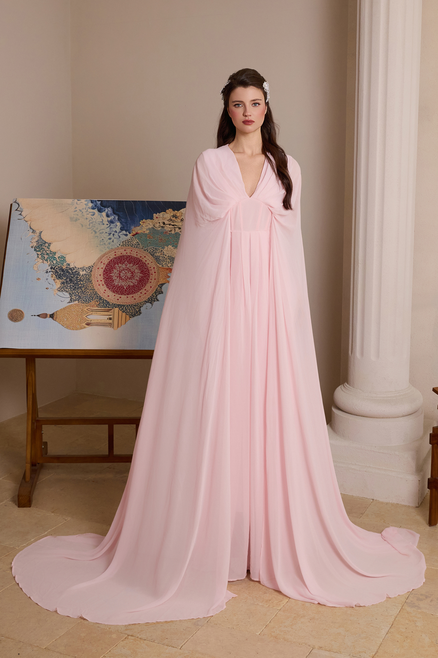 Chiffon Pleated V-Neck Cape Sleeve Maxi Dress