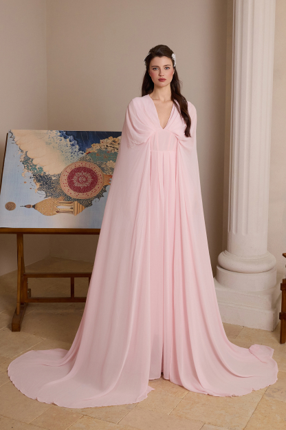 Chiffon Pleated V-Neck Cape Sleeve Maxi Dress