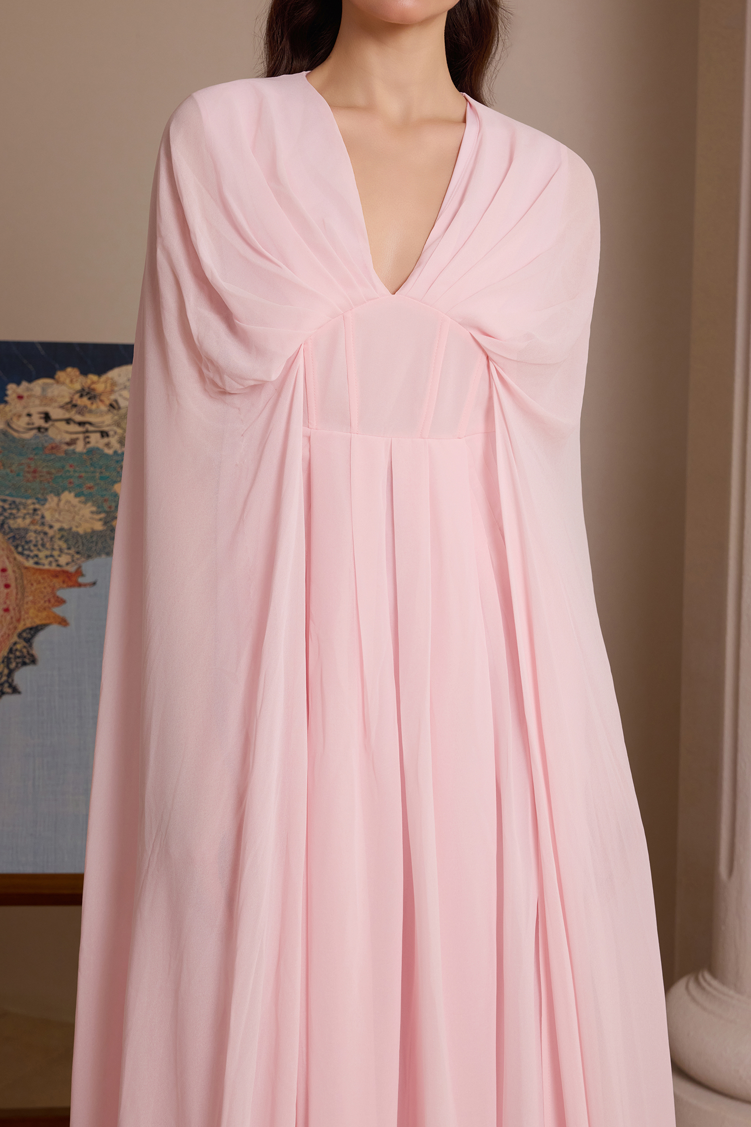 Chiffon Pleated V-Neck Cape Sleeve Maxi Dress