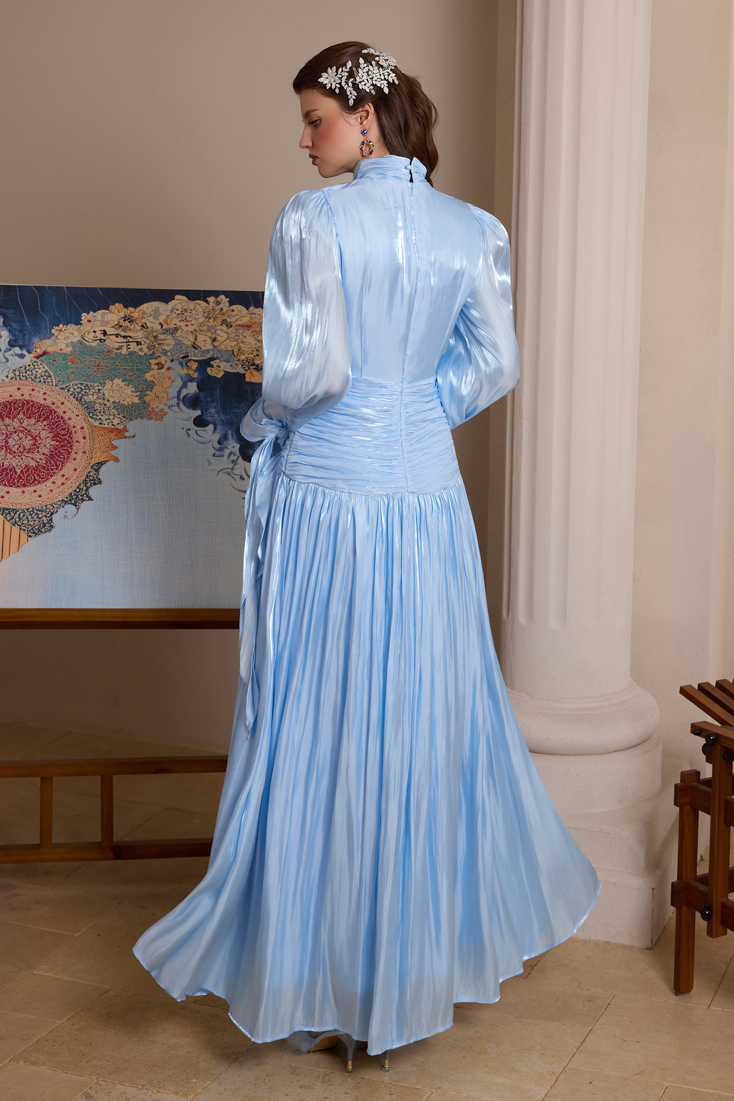 Pleated Lace-Up Long Sleeve Midi Dress