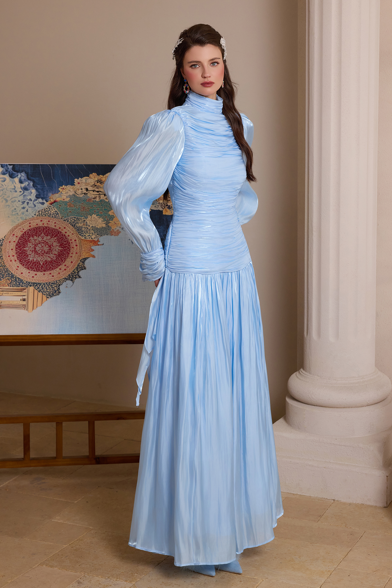 Pleated Lace-Up Long Sleeve Midi Dress