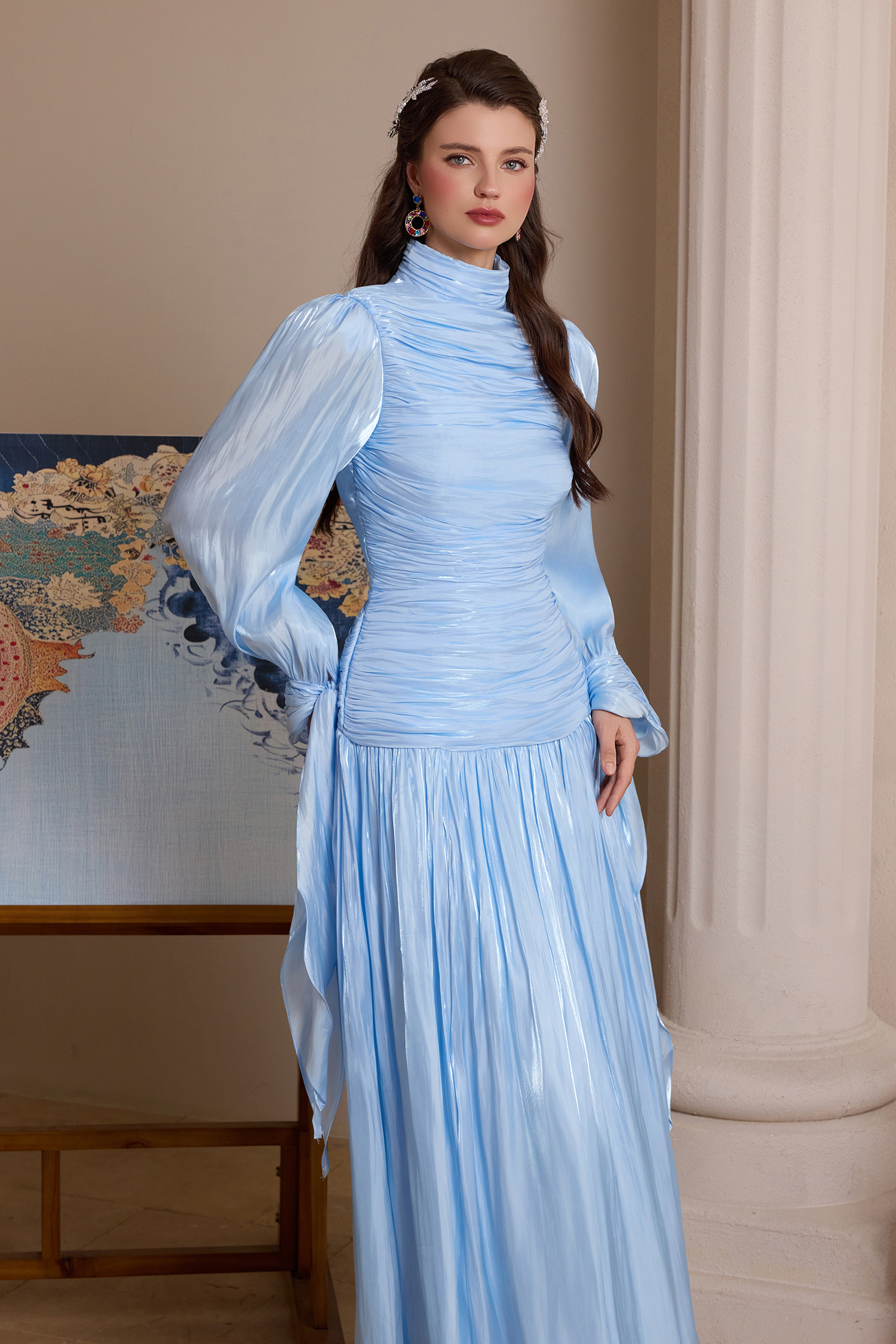 Pleated Lace-Up Long Sleeve Midi Dress