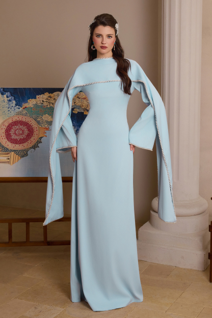 Solid Long Sleeve Faux Pearl Maxi Dress