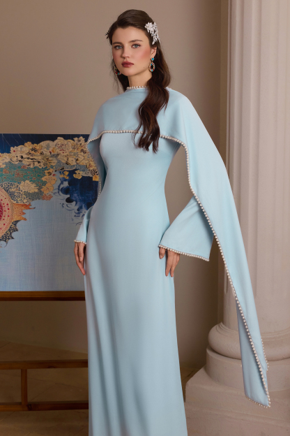 Solid Long Sleeve Faux Pearl Maxi Dress