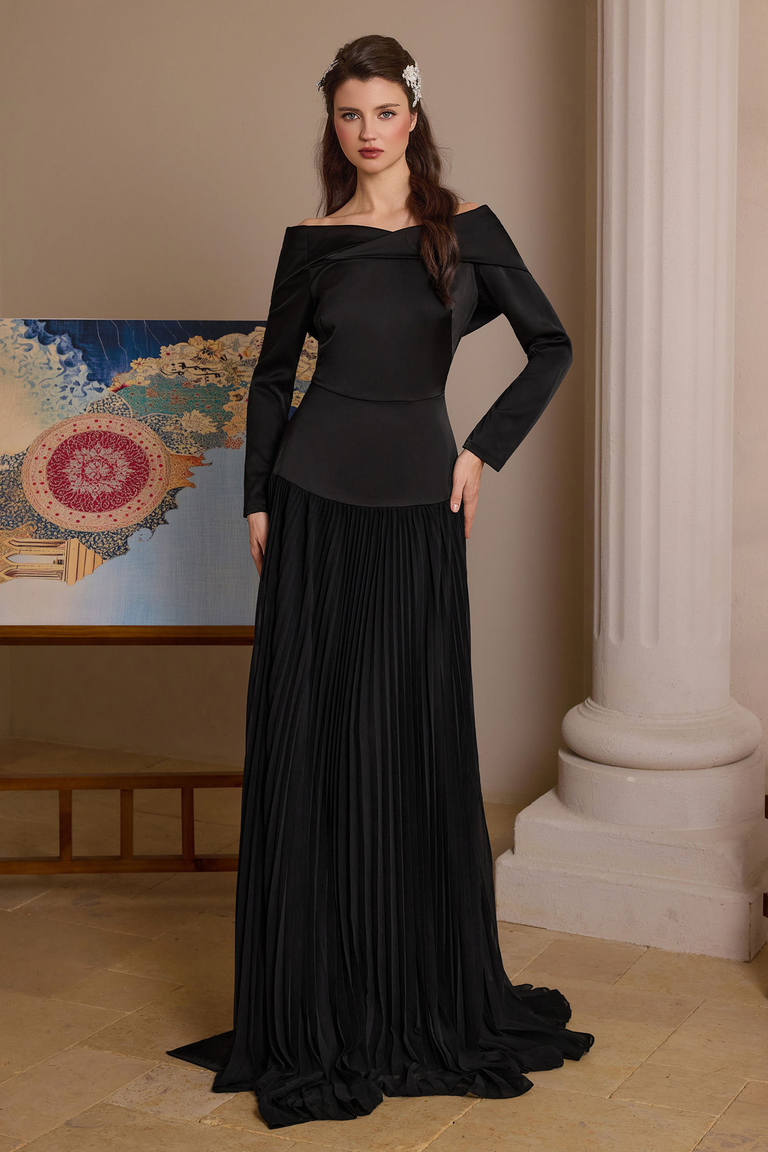 Satin Splicing Chiffon Pleat Maxi Dress