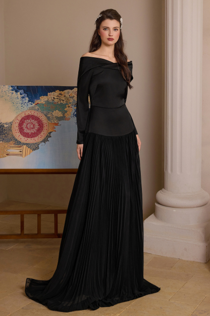 Satin Splicing Chiffon Pleat Maxi Dress