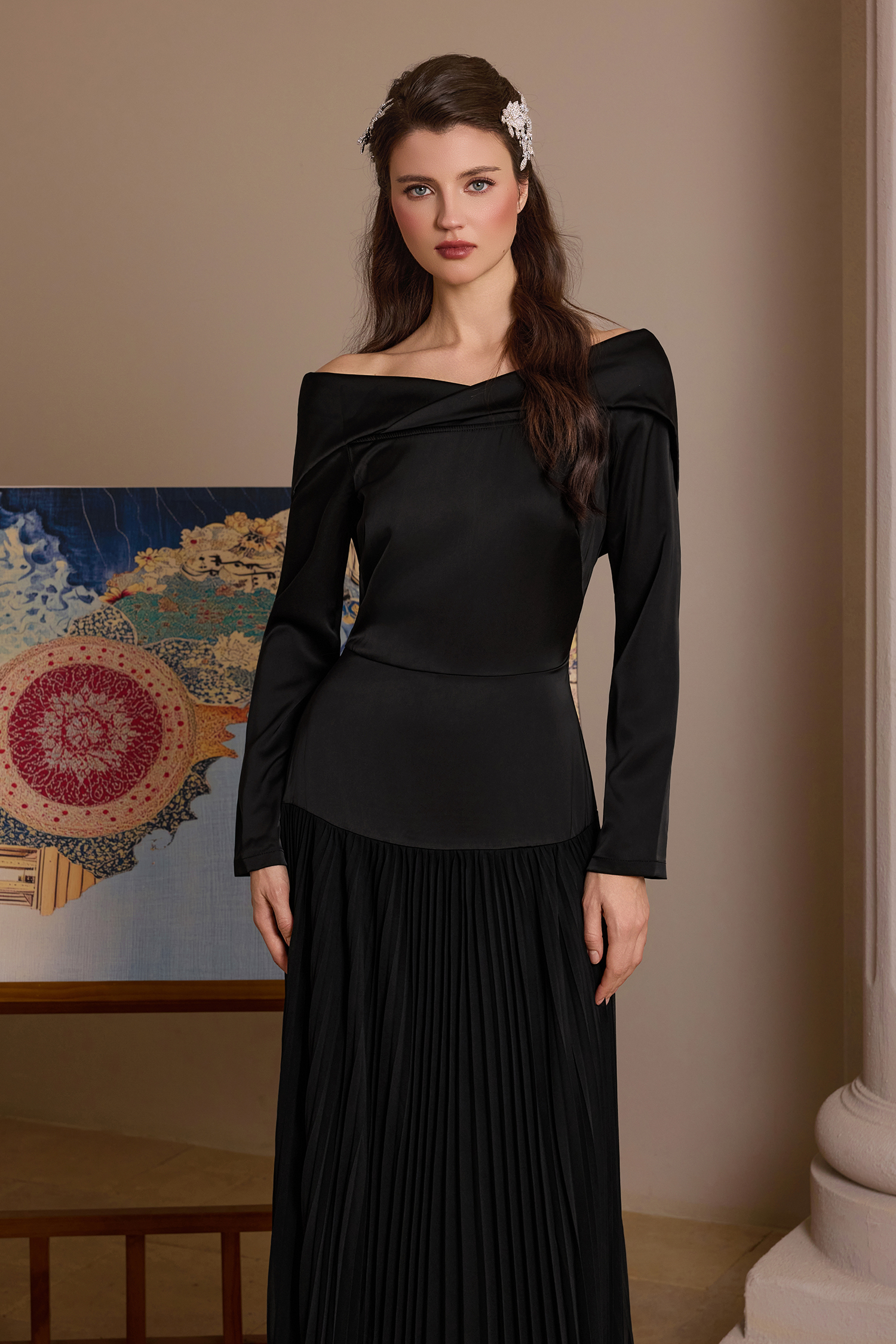 Satin Splicing Chiffon Pleat Maxi Dress