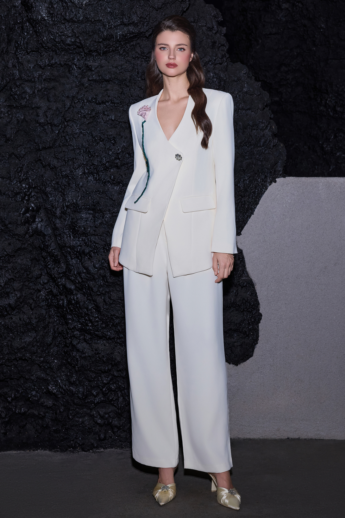 3D Flower Rhinestone Rivets Top & Loose Pants Set