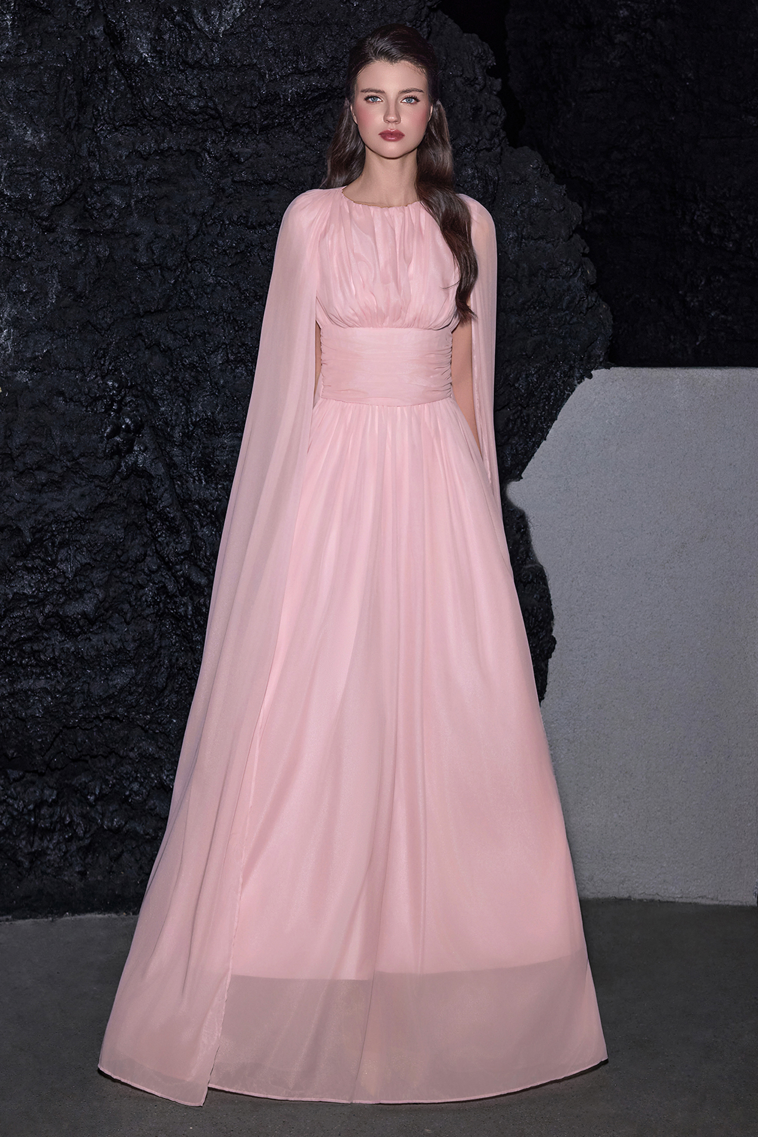 Solid Crumpled Cape Sleeve Maxi Dress