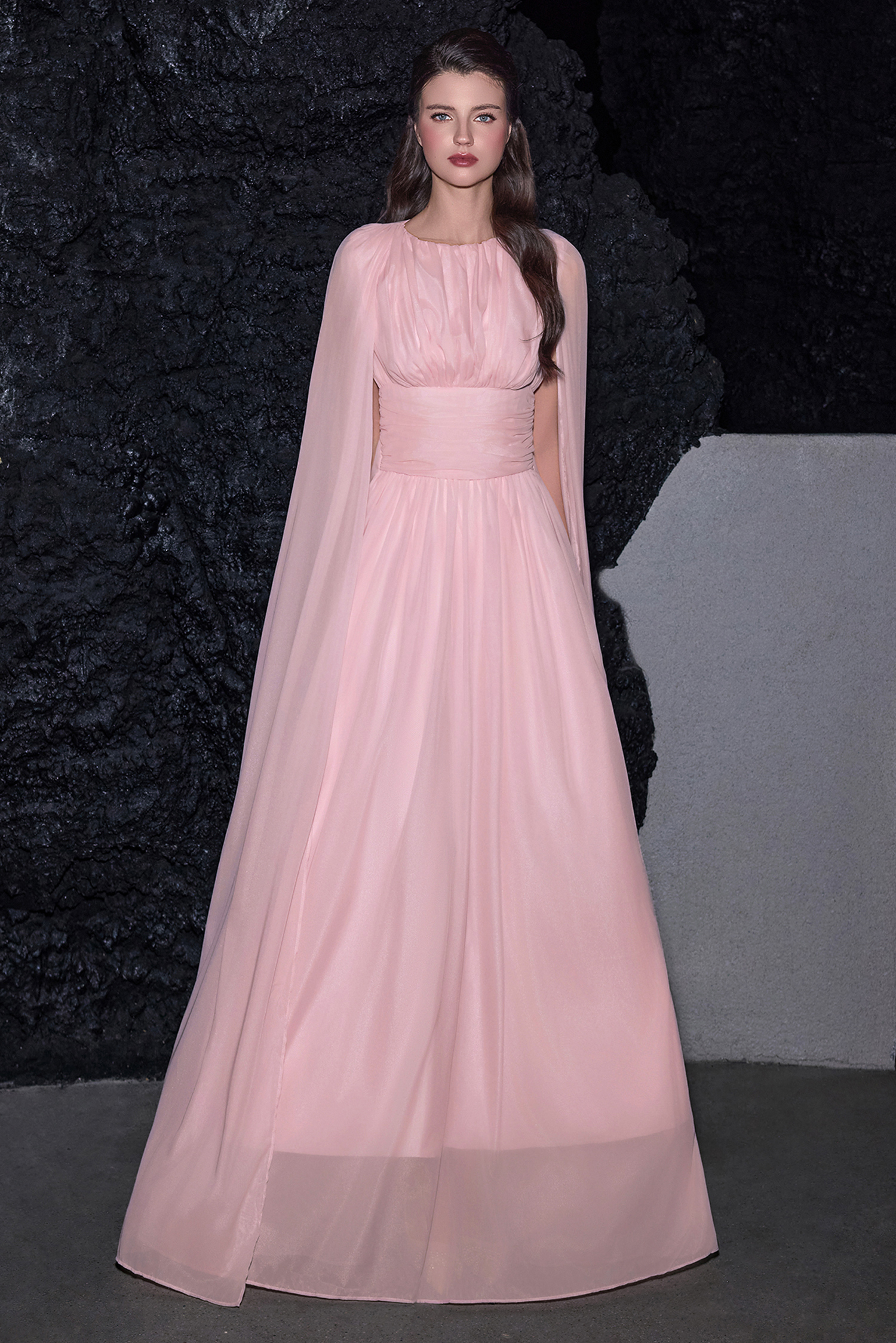 Solid Crumpled Cape Sleeve Maxi Dress