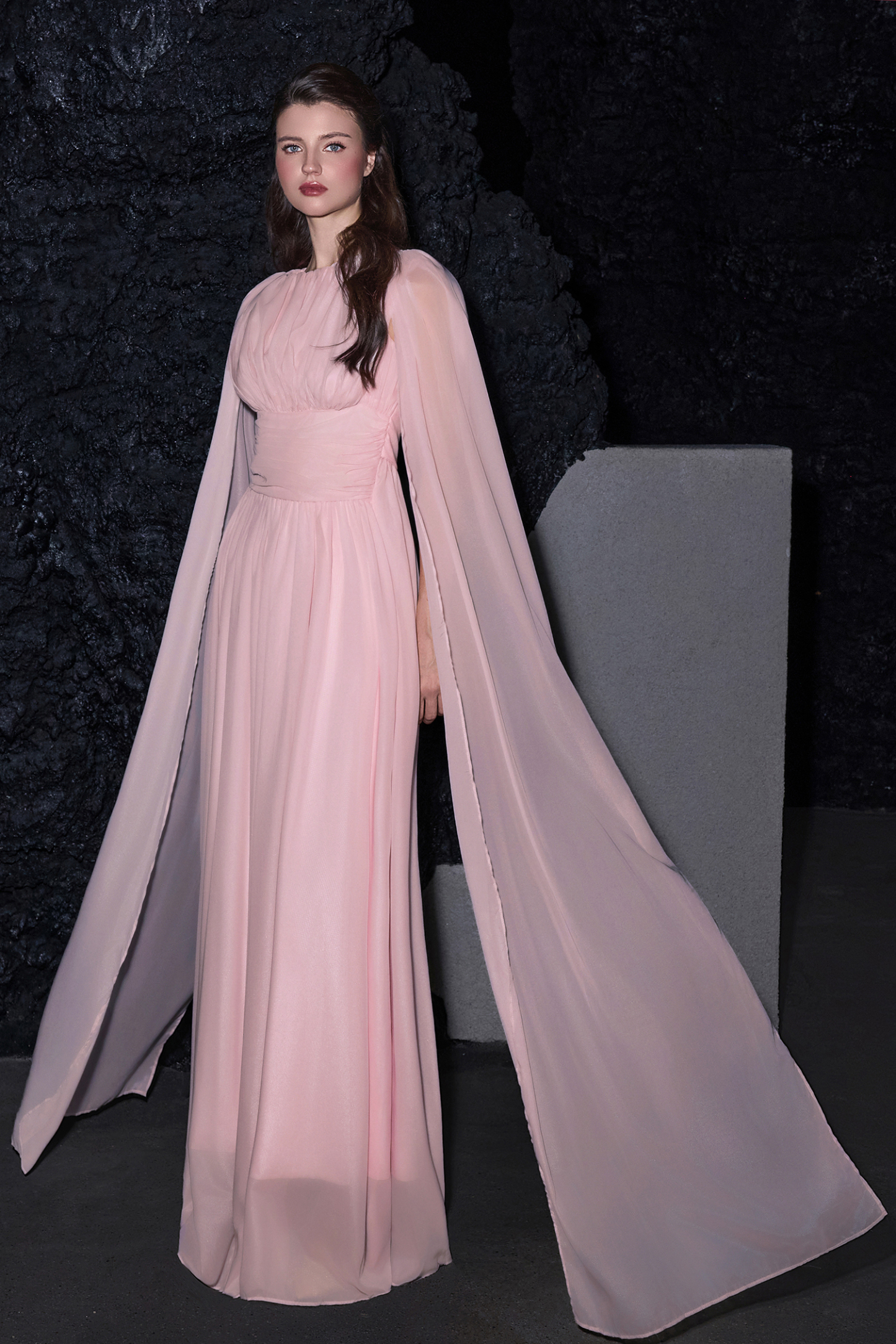 Solid Crumpled Cape Sleeve Maxi Dress