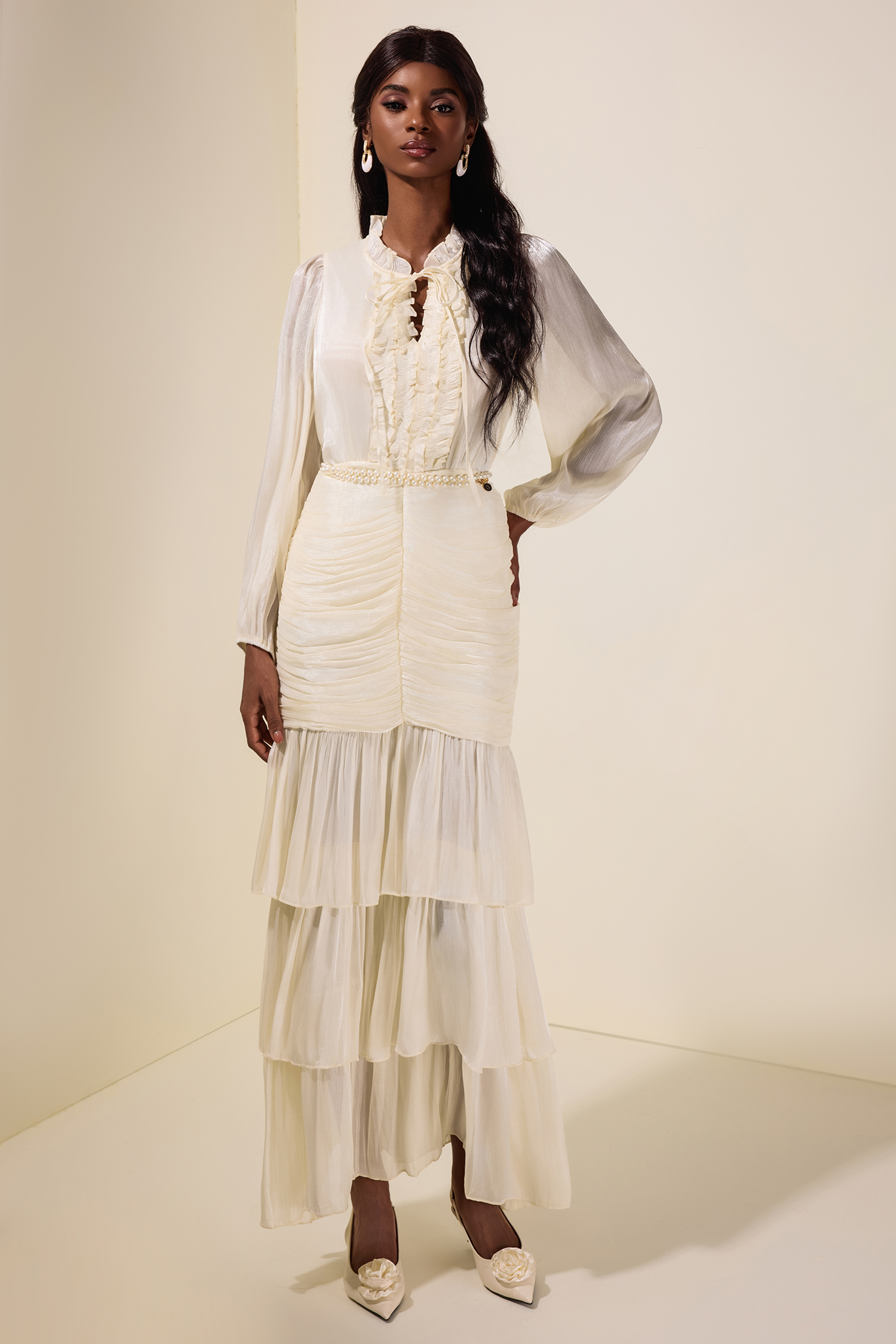 Satin Frill Tie-Up Maxi Dress With Belt