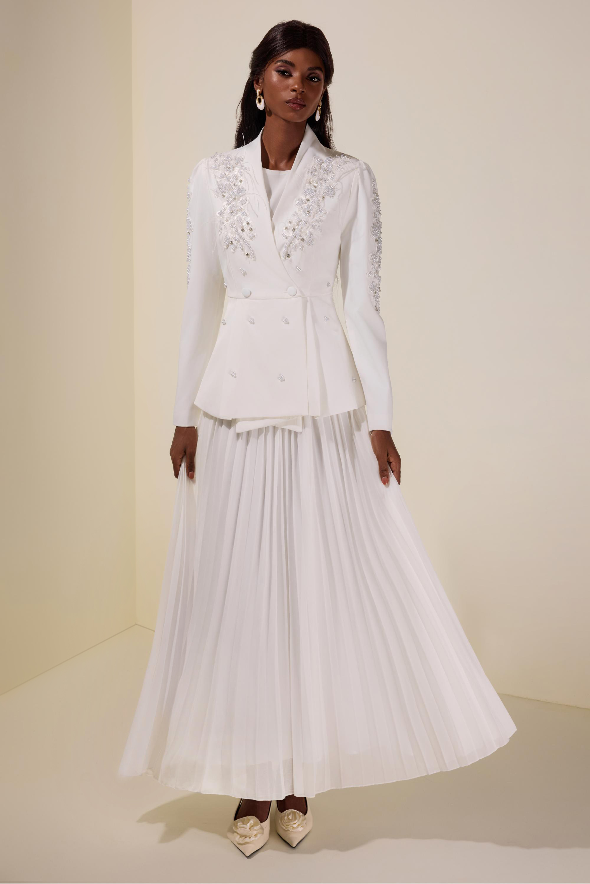 Chiffon Pleated Midi Dress With Nail Bead Embroidery Outerwear