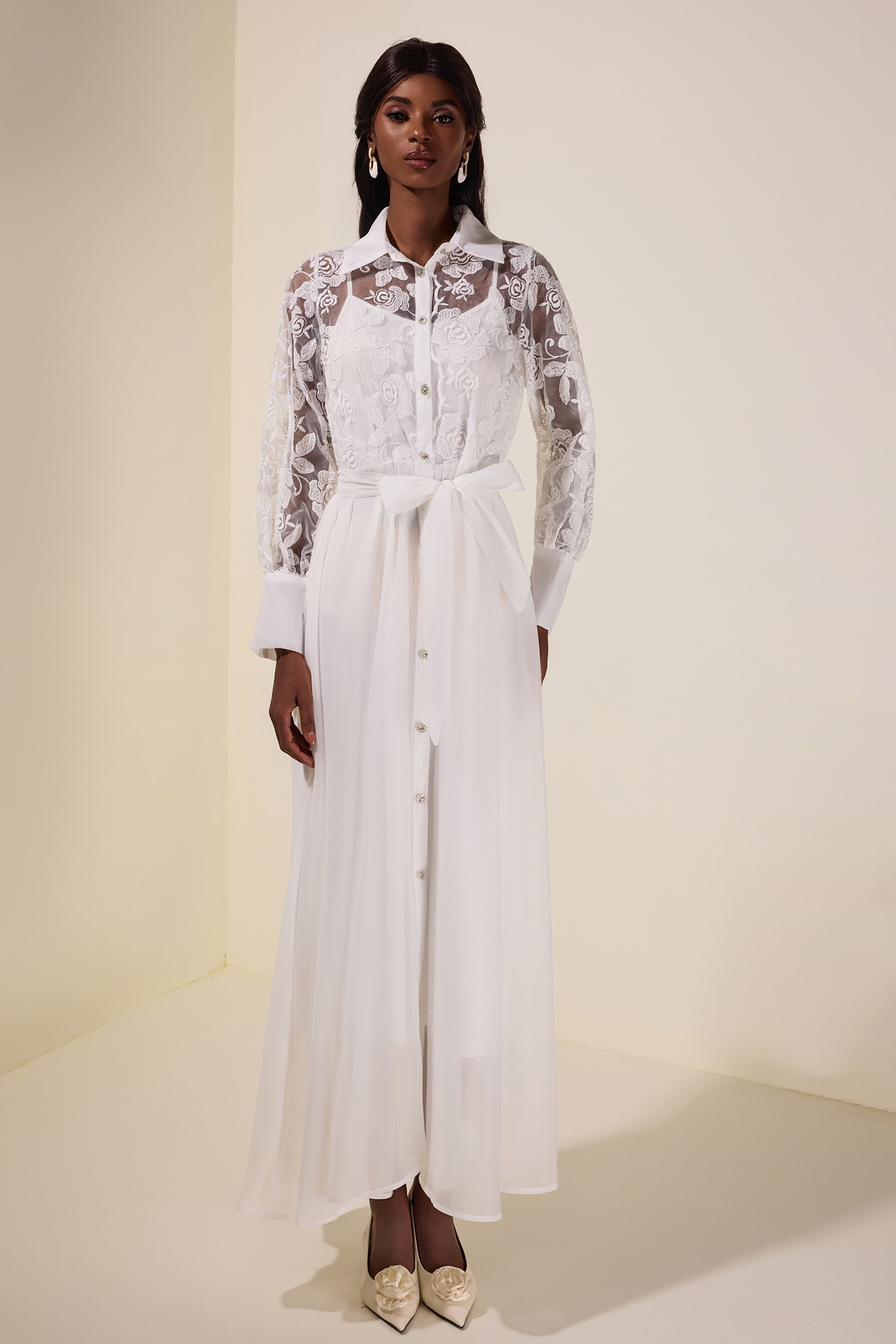 Embroidered Rhinestone Single Breasted Midi Dress With Belt