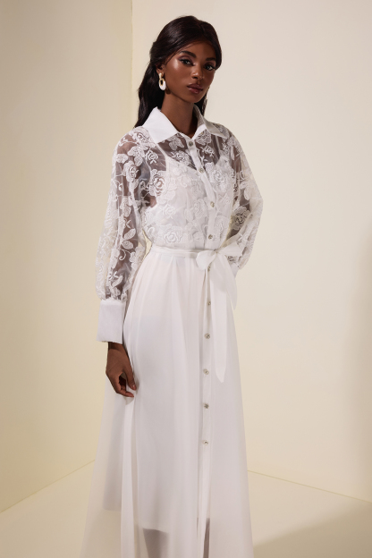 Embroidered Rhinestone Single Breasted Midi Dress With Belt