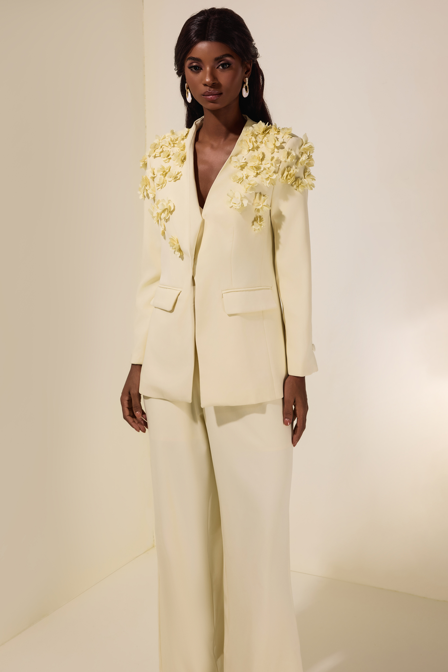 3D Flower V-Neck Top &  Loose Pants Set