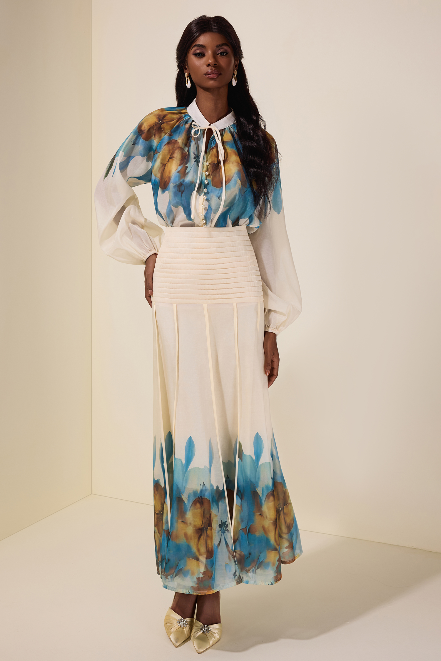 Floral Lace-Up Top & Pleated High Waist Midi Skirt Set