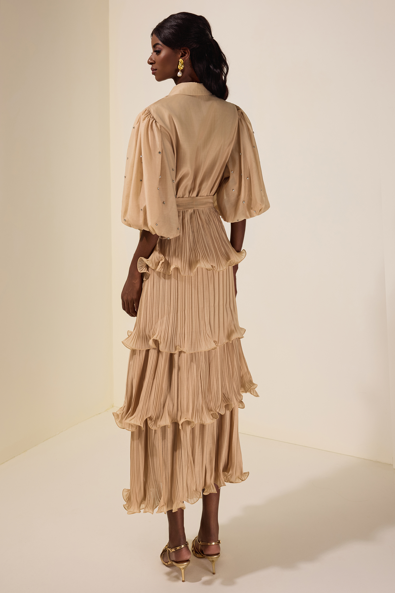 Chiffon Pleated Rhinestone Midi Dress With Belt