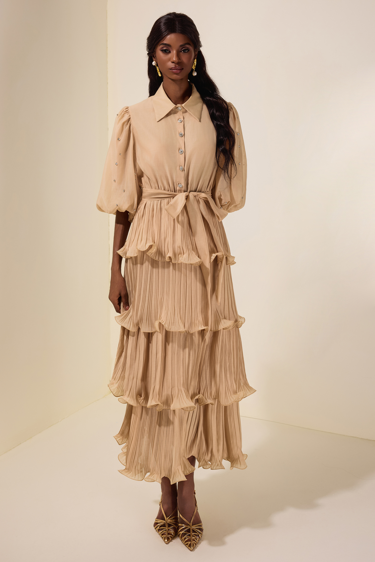 Chiffon Pleated Rhinestone Midi Dress With Belt