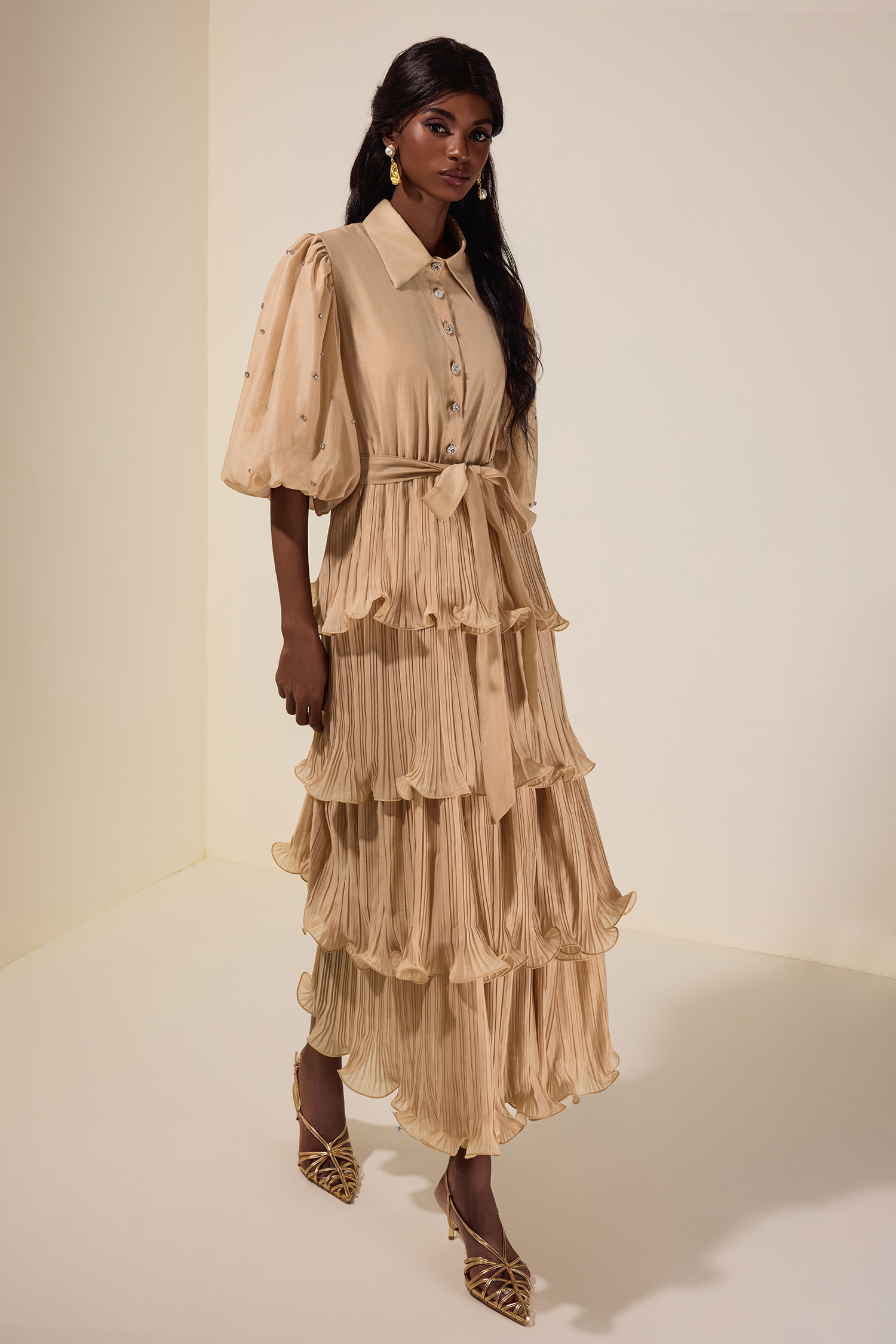 Chiffon Pleated Rhinestone Midi Dress With Belt