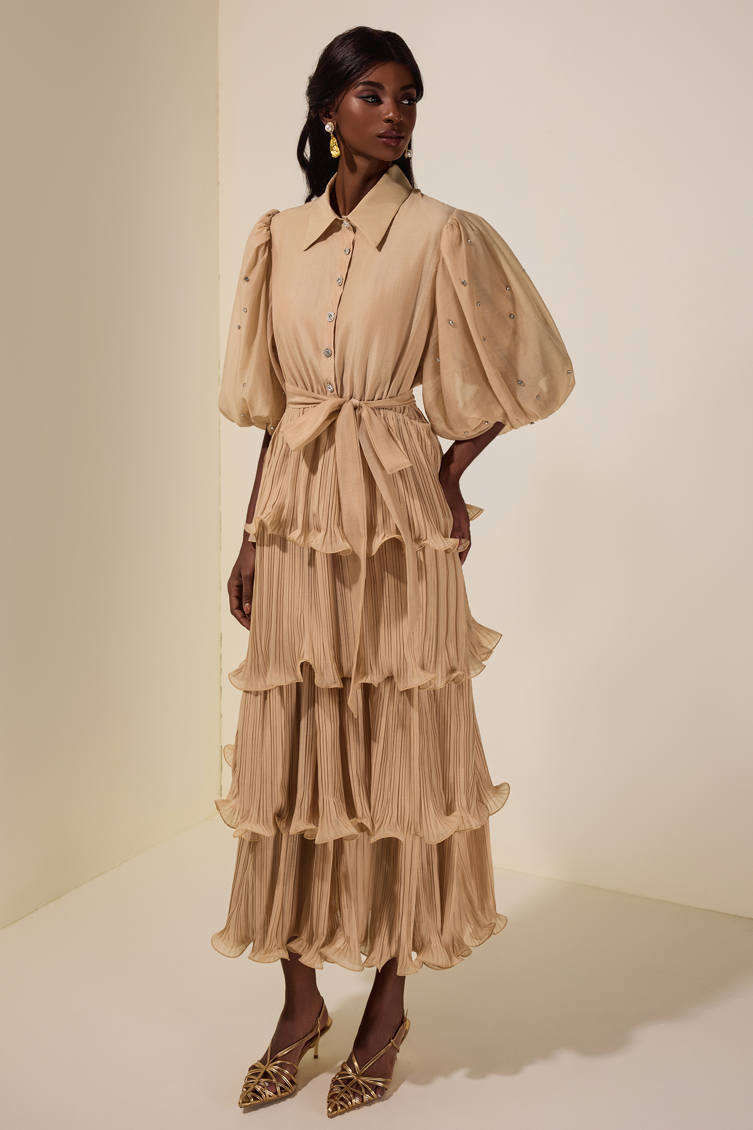 Chiffon Pleated Rhinestone Midi Dress With Belt