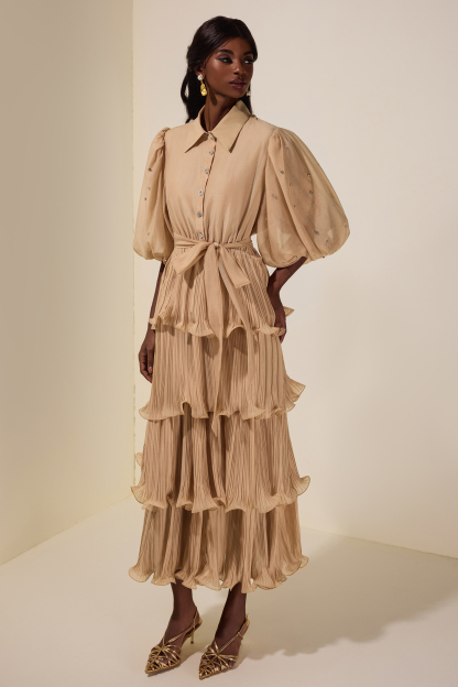 Chiffon Pleated Rhinestone Midi Dress With Belt