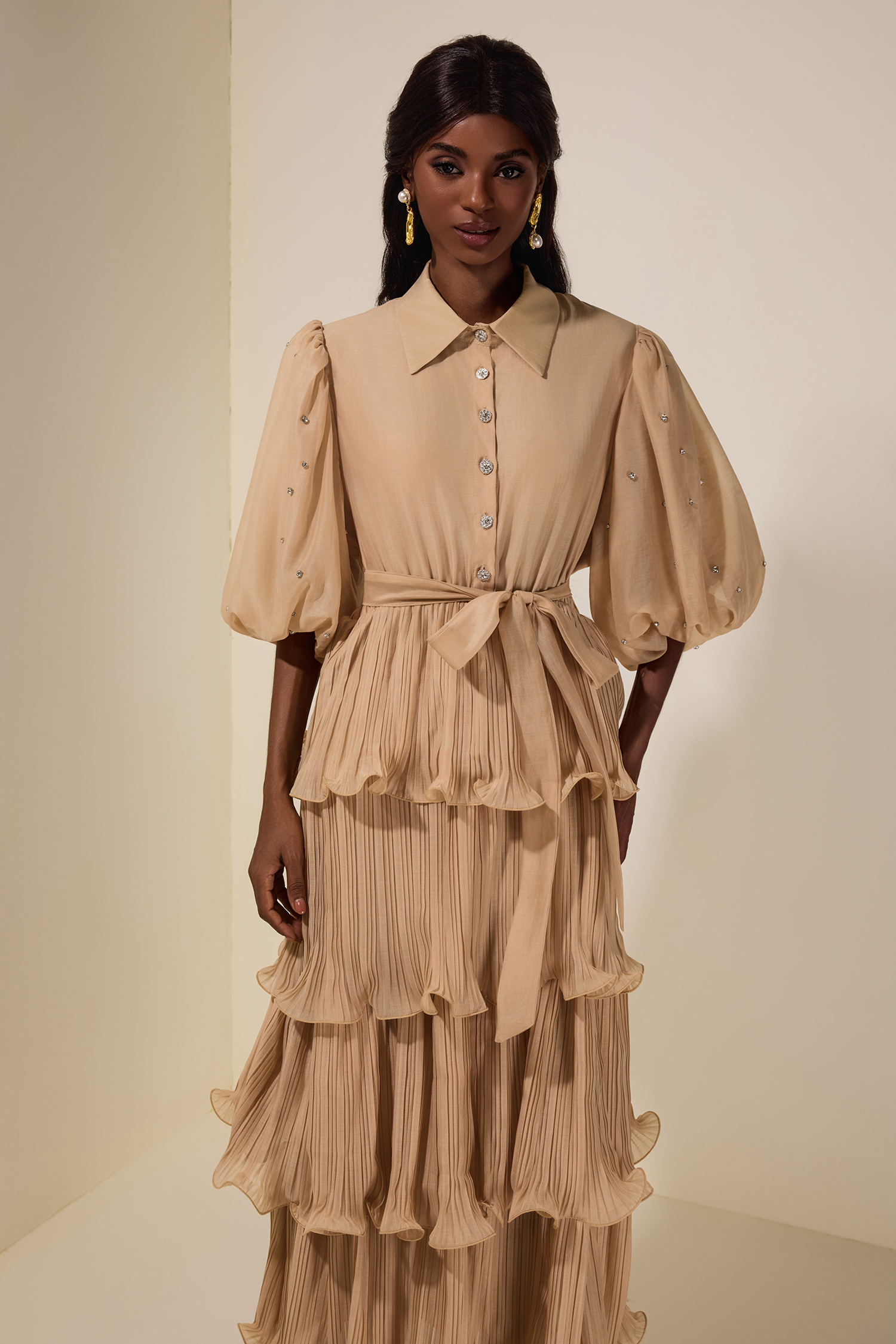 Chiffon Pleated Rhinestone Midi Dress With Belt