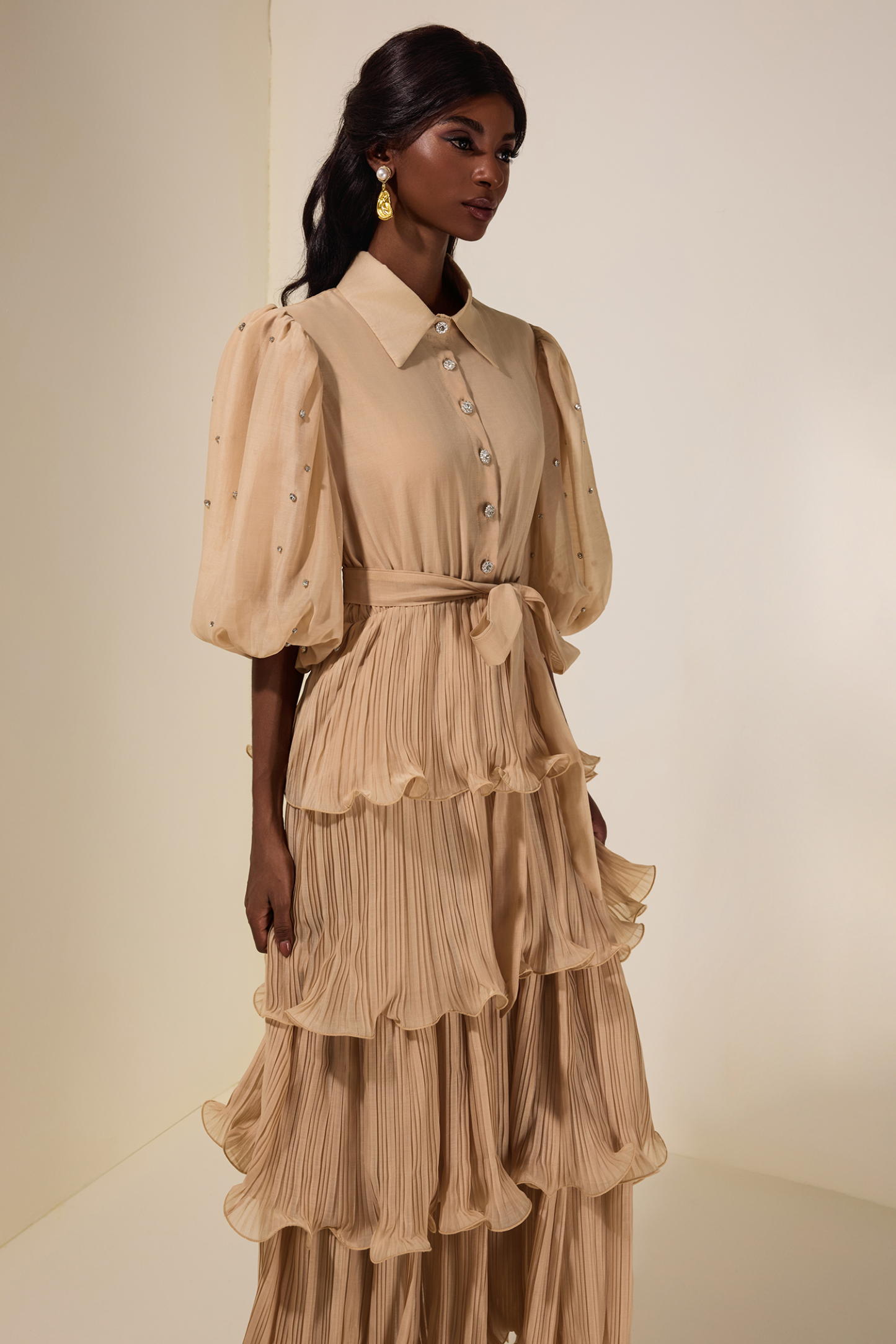 Chiffon Pleated Rhinestone Midi Dress With Belt