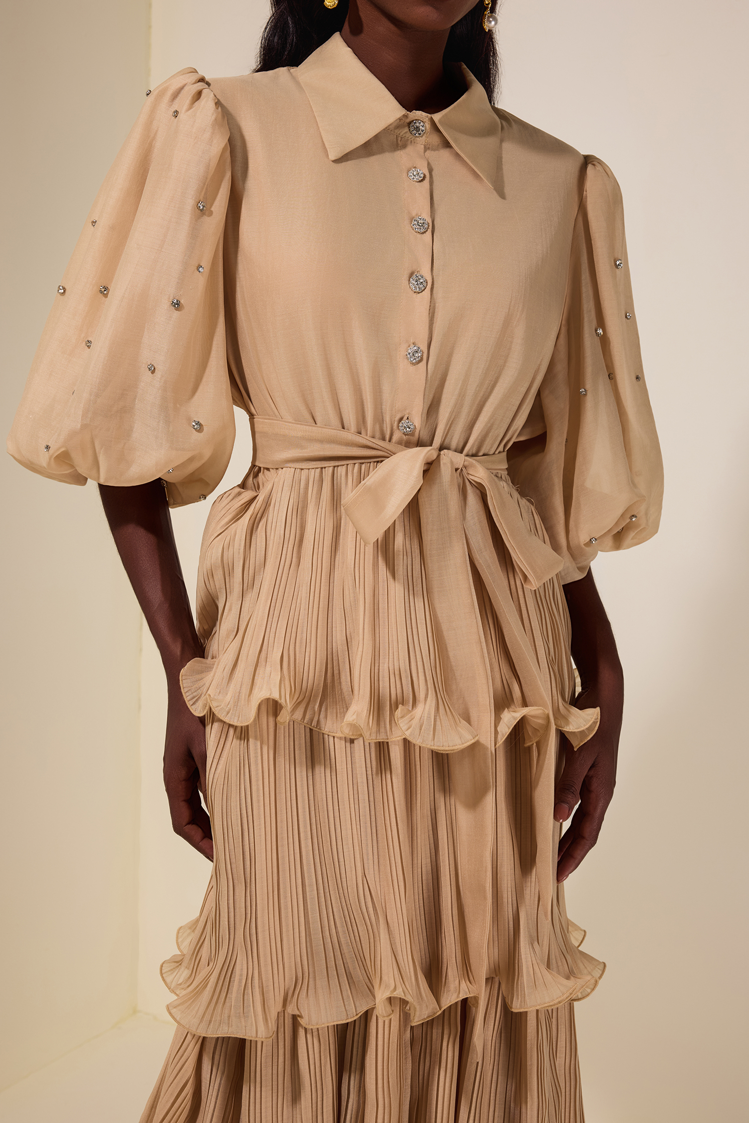 Chiffon Pleated Rhinestone Midi Dress With Belt