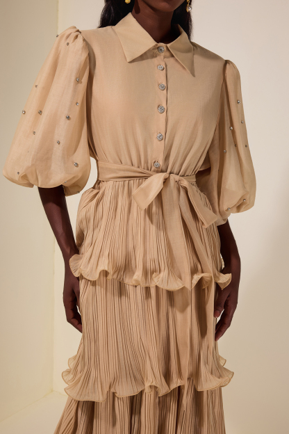 Chiffon Pleated Rhinestone Midi Dress With Belt