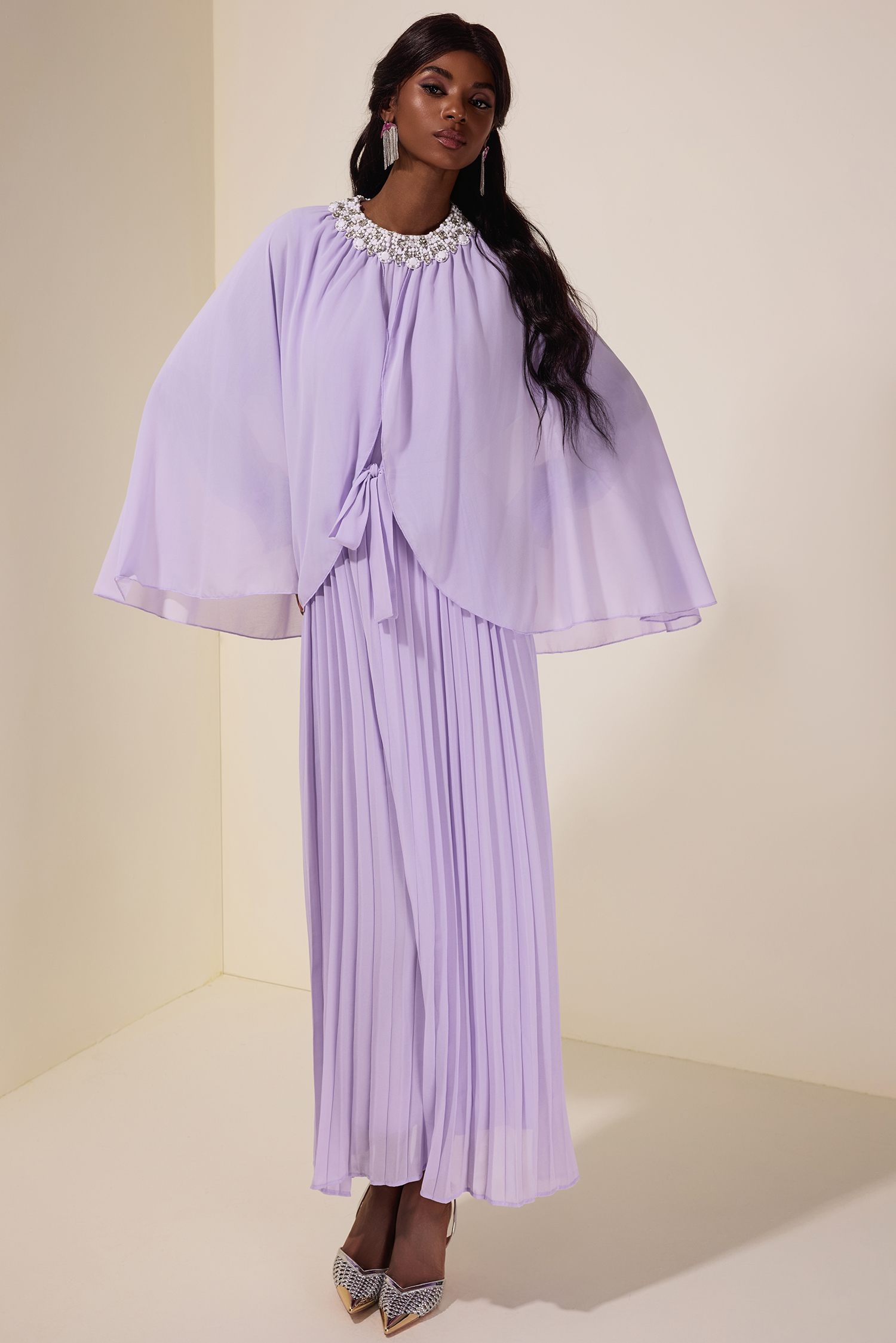 Rhinestone Rivets  Pleated Cape Sleeve Midi Dress