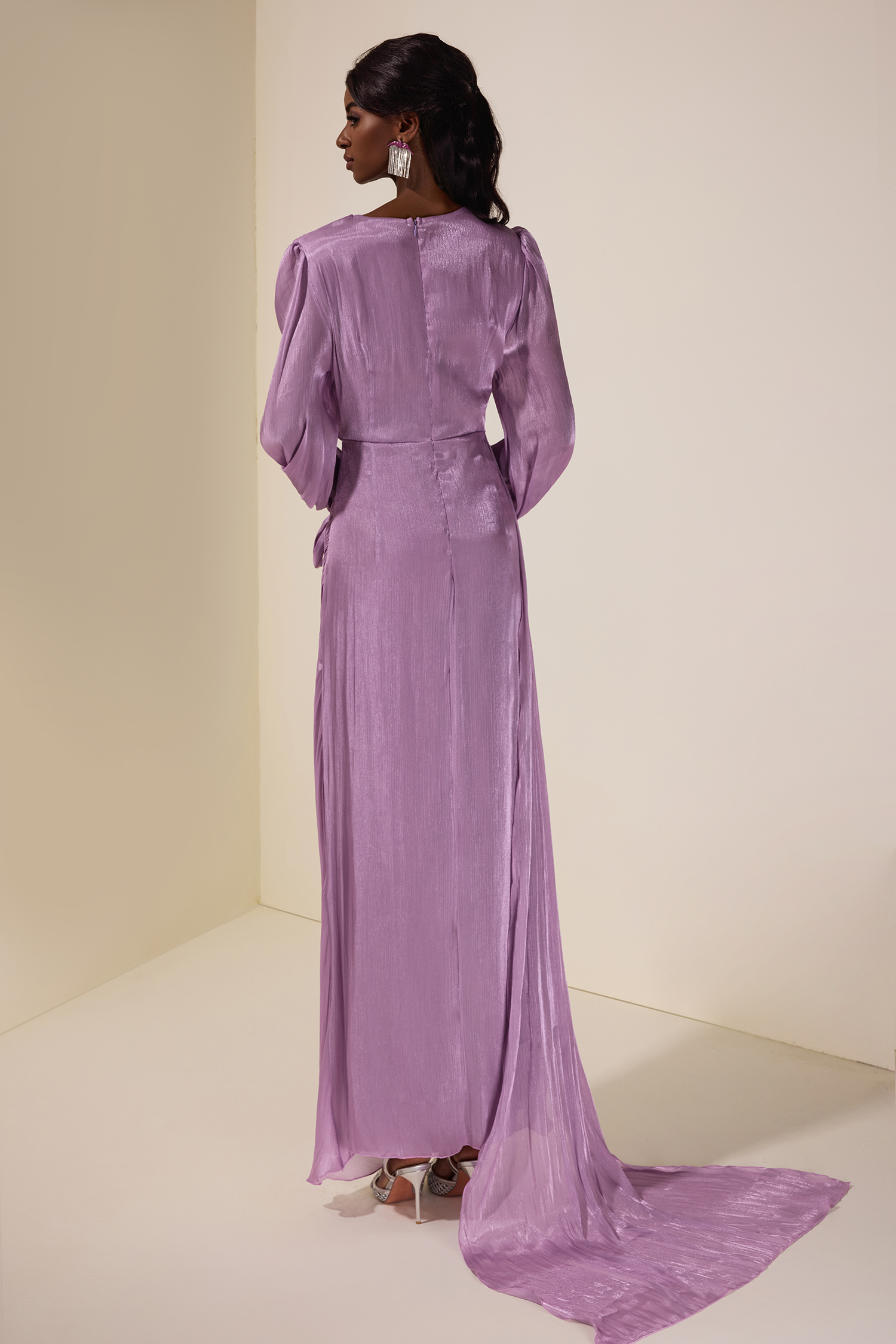 Gathering Lantern Sleeve Lace-Up Maxi Dress