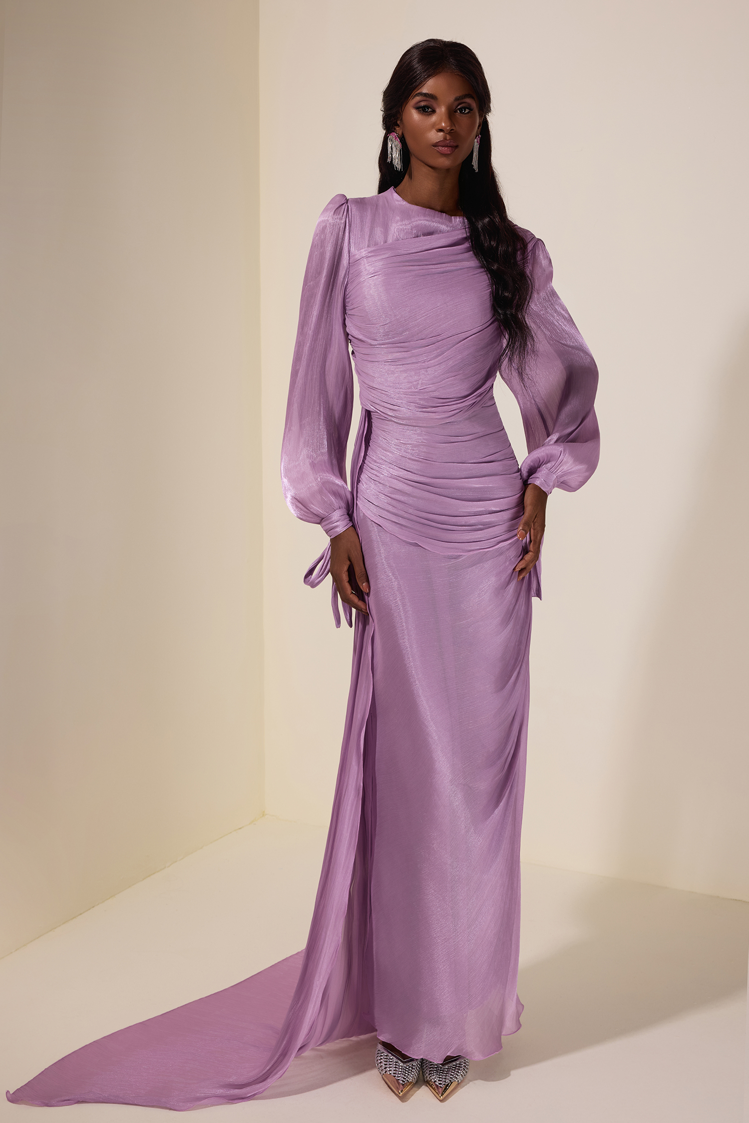 Gathering Lantern Sleeve Lace-Up Maxi Dress – JardinVue
