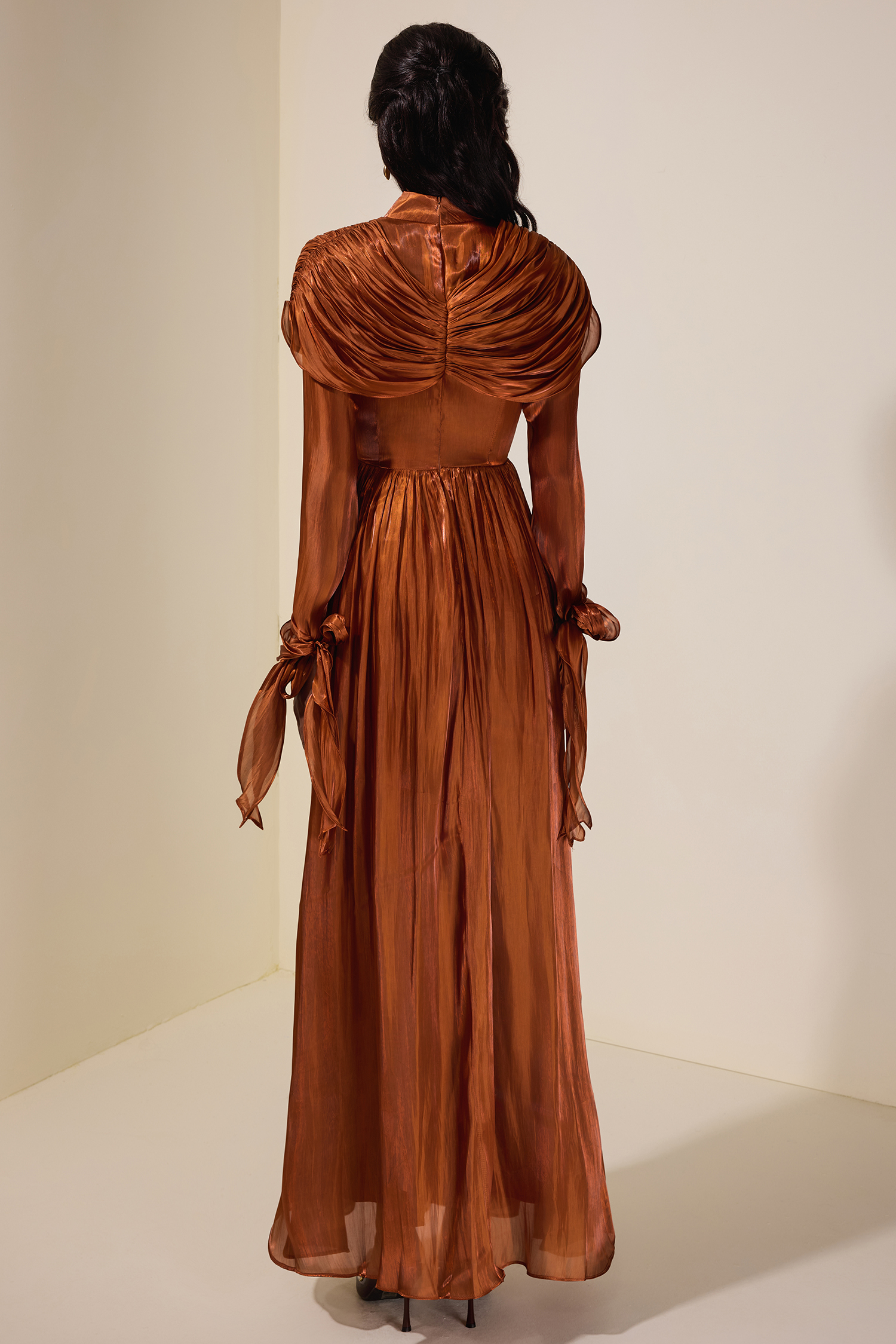 Satin Ruched Ruffle Maxi Dress